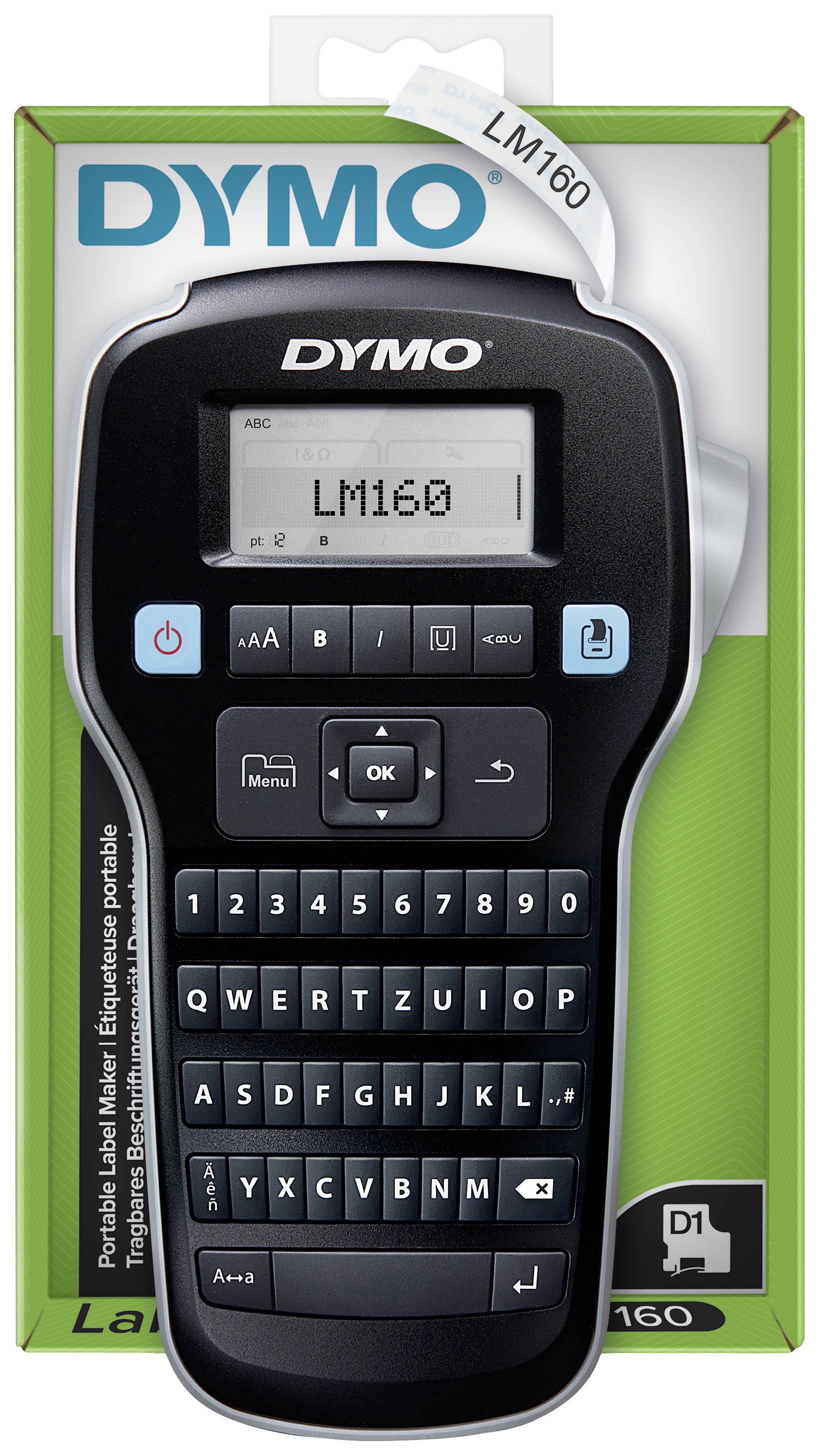 En etiketteringsmaskin från märket DYMO, modell LM160, med QWERTZ-tangentbord och en skärm som visar 'LM160'. Förpackad i en grön ask.