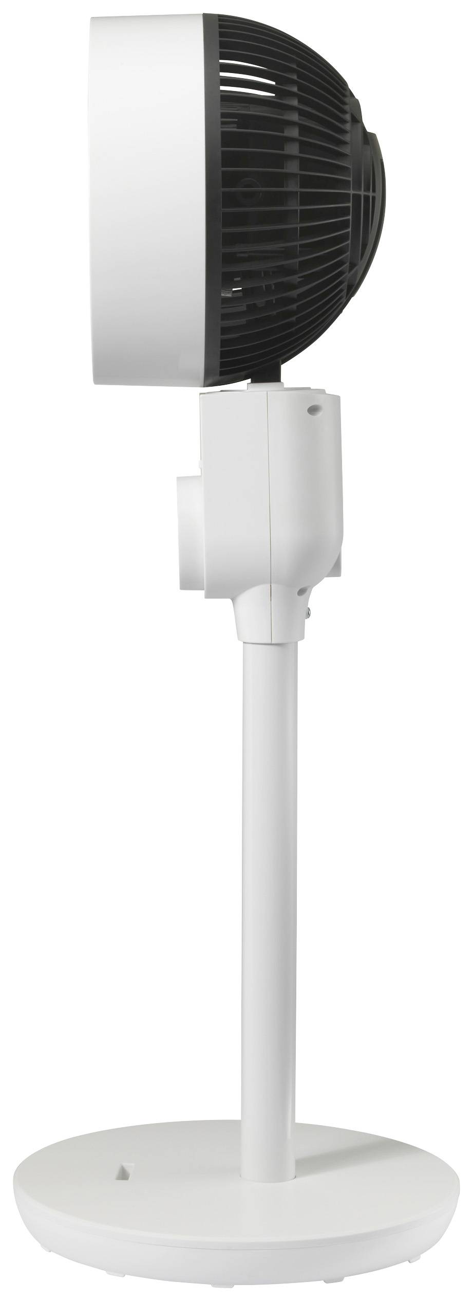 Sidovy av en vit-svart fläkt med cylindrisk bas. Fläkten har ett gallerhölje och en inställningsenhet.