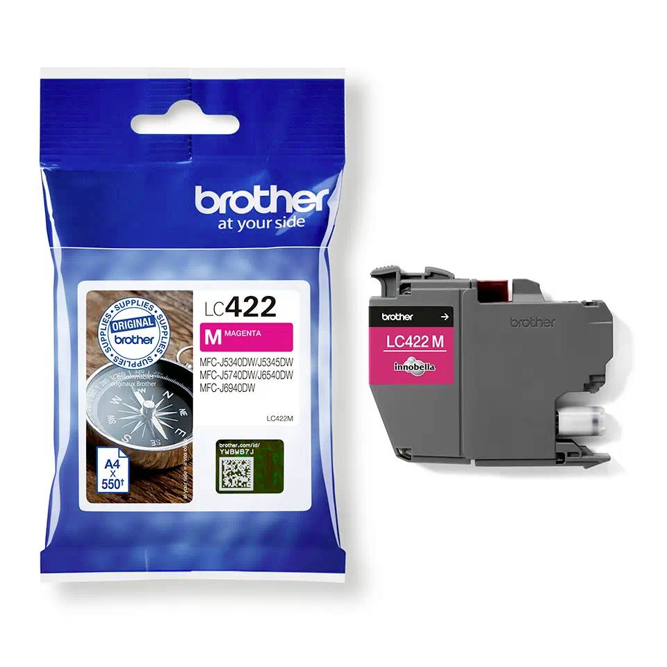 Bläckpatron Brother LC422M i Magenta med förpackning, visar '550 sidor'. Lämplig för skrivarmodellerna MFC-J4340DW, MFC-J4540DW.