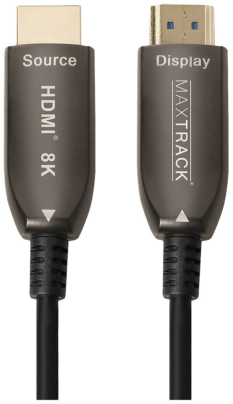 HDMI-kabel med 'Source'- och 'Display'-anslutningar. Båda anslutningarna visar påskrifter för 8K och MAXTRACK.