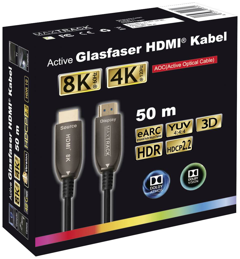 Förpackning för en 50 m lång HDMI-kabel av glasfiber med stöd för 8K och 4K. Egenskaper: eARC, HDR, 3D, HDCP 2.2, Dolby Vision.