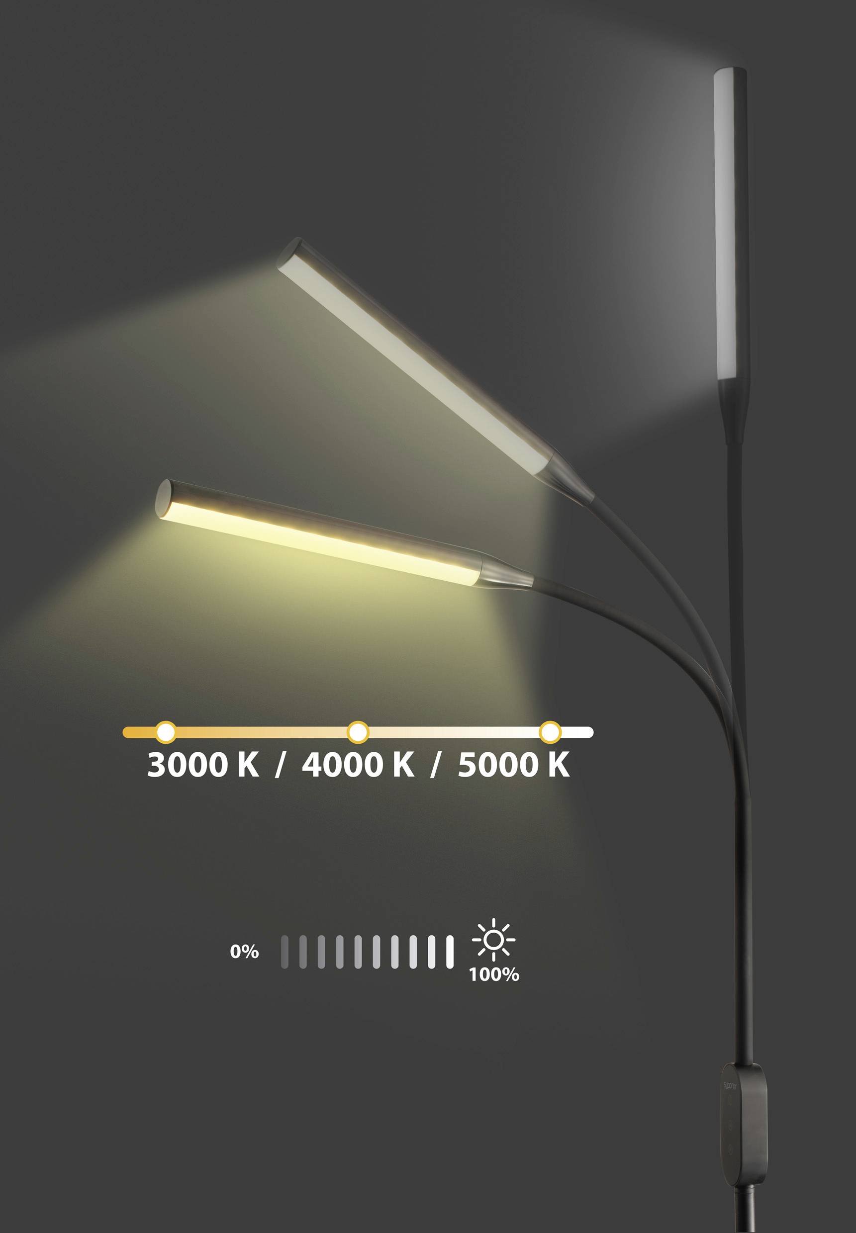 Golvlampa med justerbara lampor som visar olika färgtemperaturer: '3000 K', '4000 K', '5000 K' med dimmer.