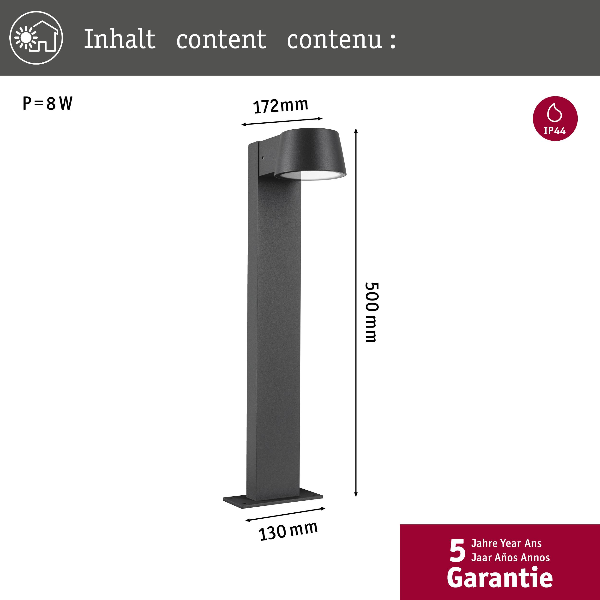 En grå trädgårdslampa med en höjd på 500 mm, en bredd på 172 mm och ett djup på 130 mm. Effekt: 8 W, skyddsklass: IP44. 5 års garanti.