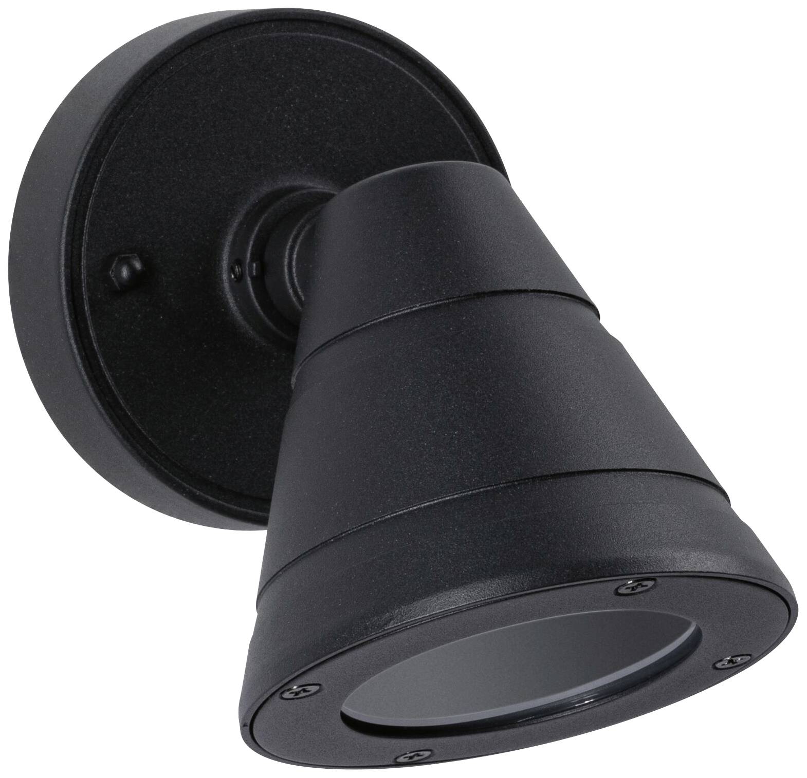 Svart yttervägglampa med konisk design, monterad på en rund bas, lämplig för väderbeständig belysning.