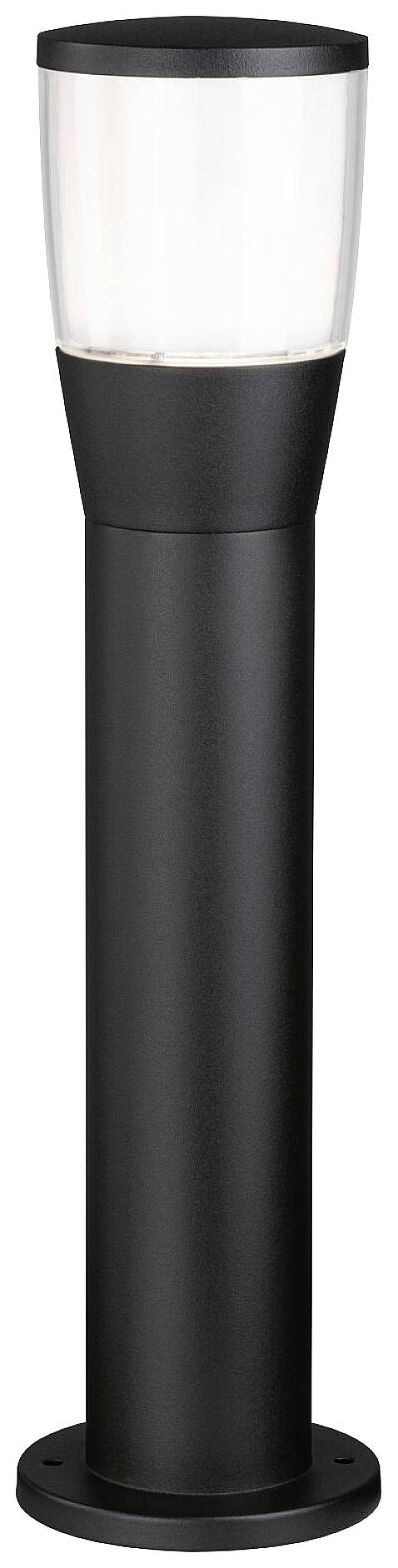 En svart, modern golvlampa med cylindrisk bas och klar skärm. Perfekt för utomhusområden som trädgårdsvägar eller terrasser.
