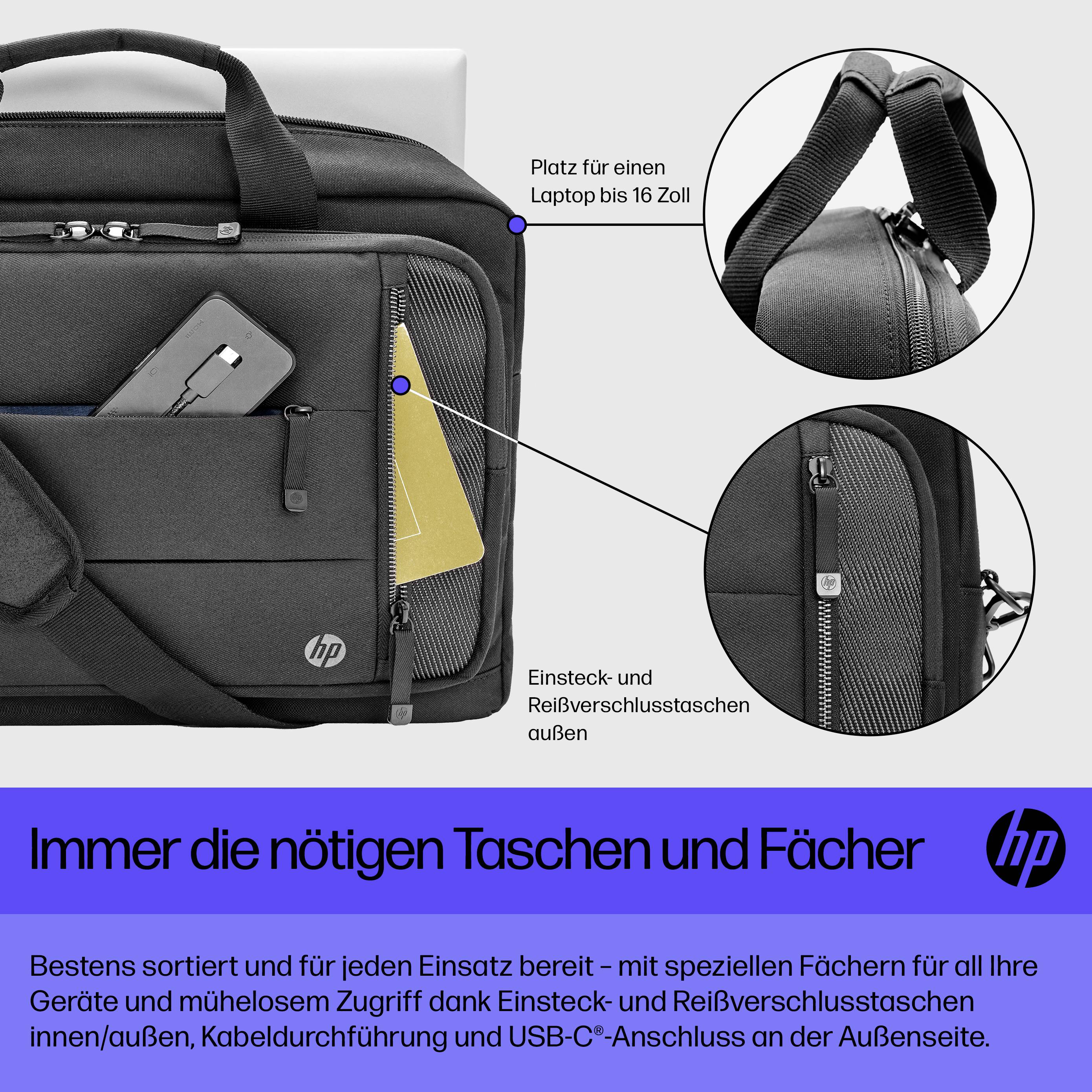 Svart laptopväska med flera fack, passar laptops upp till 16 tum. Text nedanför: 'Alltid de nödvändiga väskorna och facken'.