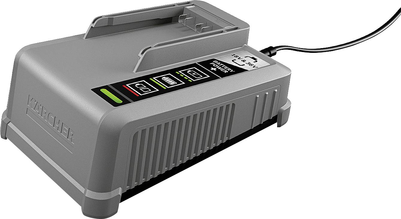 En grå batteriladdare med LED-indikatorer för laddningsstatus och fel, liggande på en yta med ansluten nätadapter.