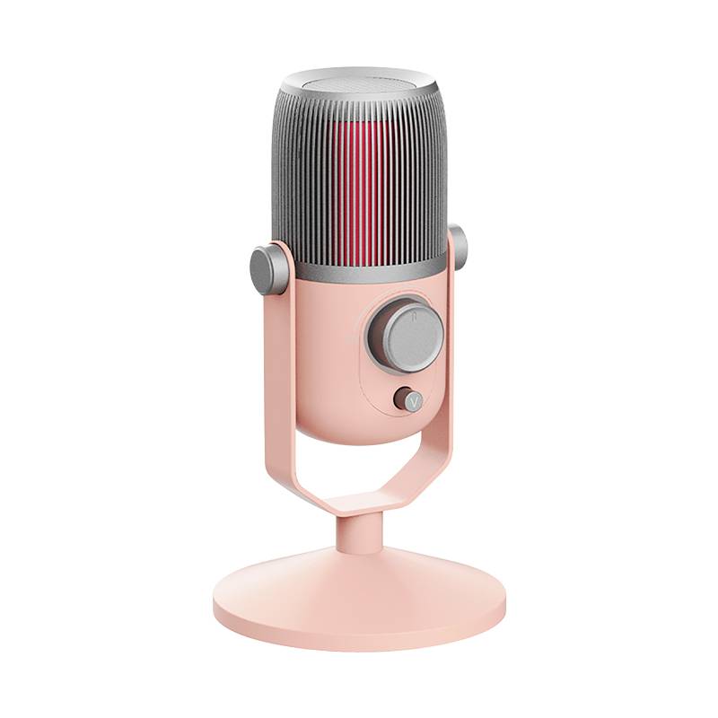 En rosa USB-mikrofon på ett stativ med en vridbar ratt och en switch, lämplig för podcasting eller streaming.