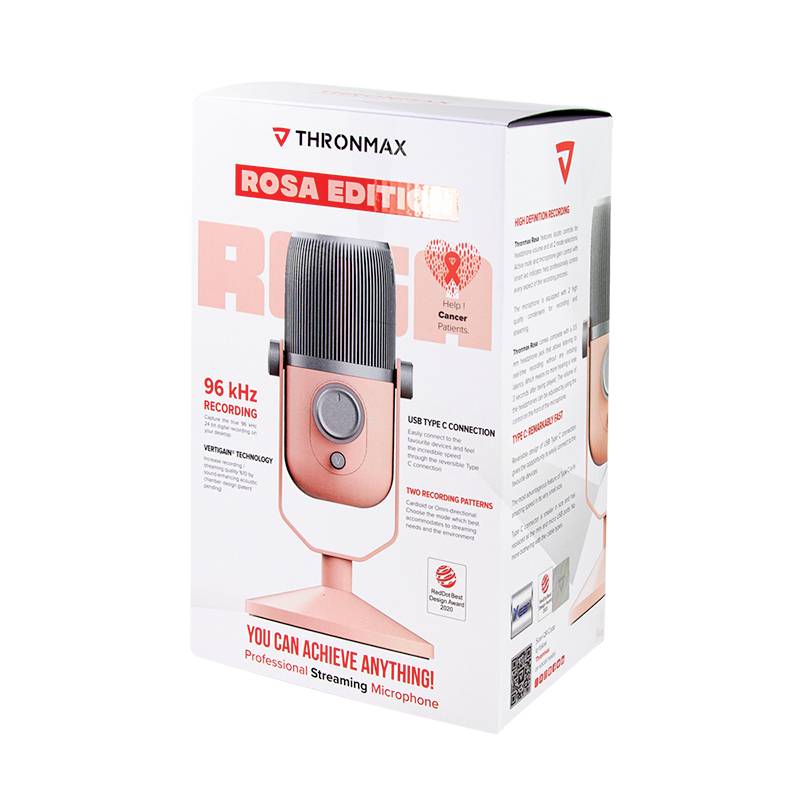 Förpackning av en rosa mikrofon från märket Thronmax, 'Rosa Edition'. 96 kHz inspelning, USB Type-C-anslutning. Stöder cancerforskning.