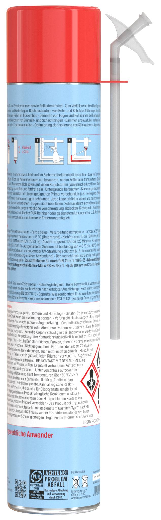 Aerosolburk med röd klocka och fästad munstycke, märkt på olika språk, med användningsinstruktioner. Innehåller varningssymboler för fara.