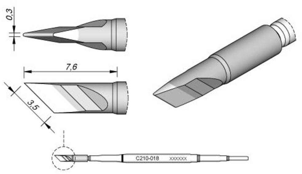 Lödspets med modellnummer C210-018, visar sido- och toppvy med dimensionerna 7,6 och 3,5 mm.