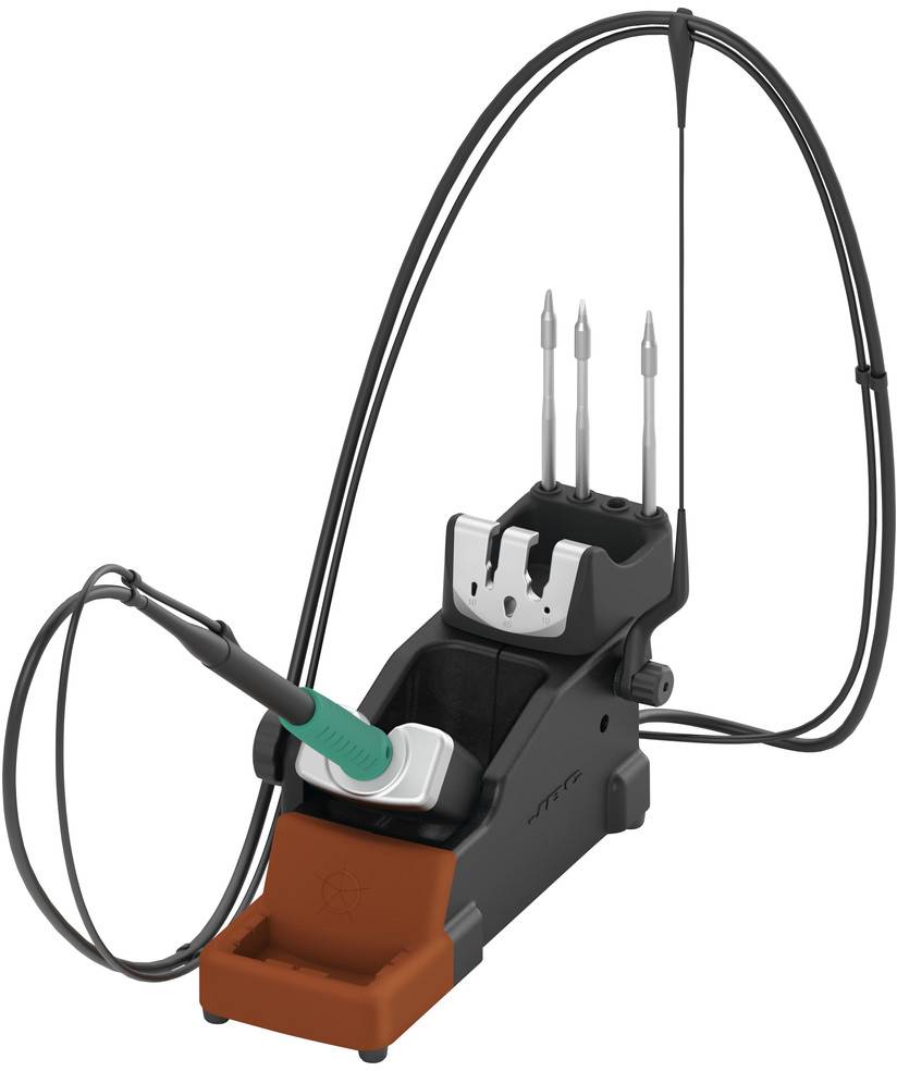 En elektronisk armborst med pilar. Den består av en huvudkropp med fyra projektiler och en tillhörande styrning.