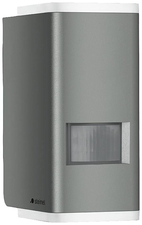 Väggmonterad utomhuslampa med rörelsesensor, rektangulär, i modernt grått design, för automatisk belysning vid rörelsedetektion.
