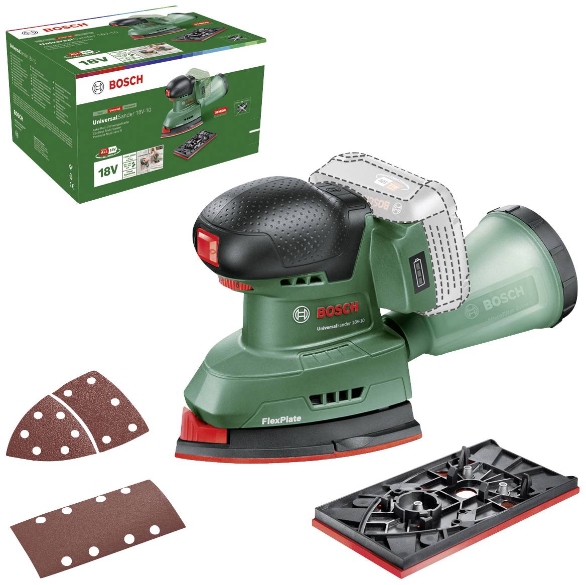 En grön Bosch-sladdlös slipmaskin med FlexPlate-teknik, tillbehör och förpackning. Lämplig för slipning av trä- och metallytor.