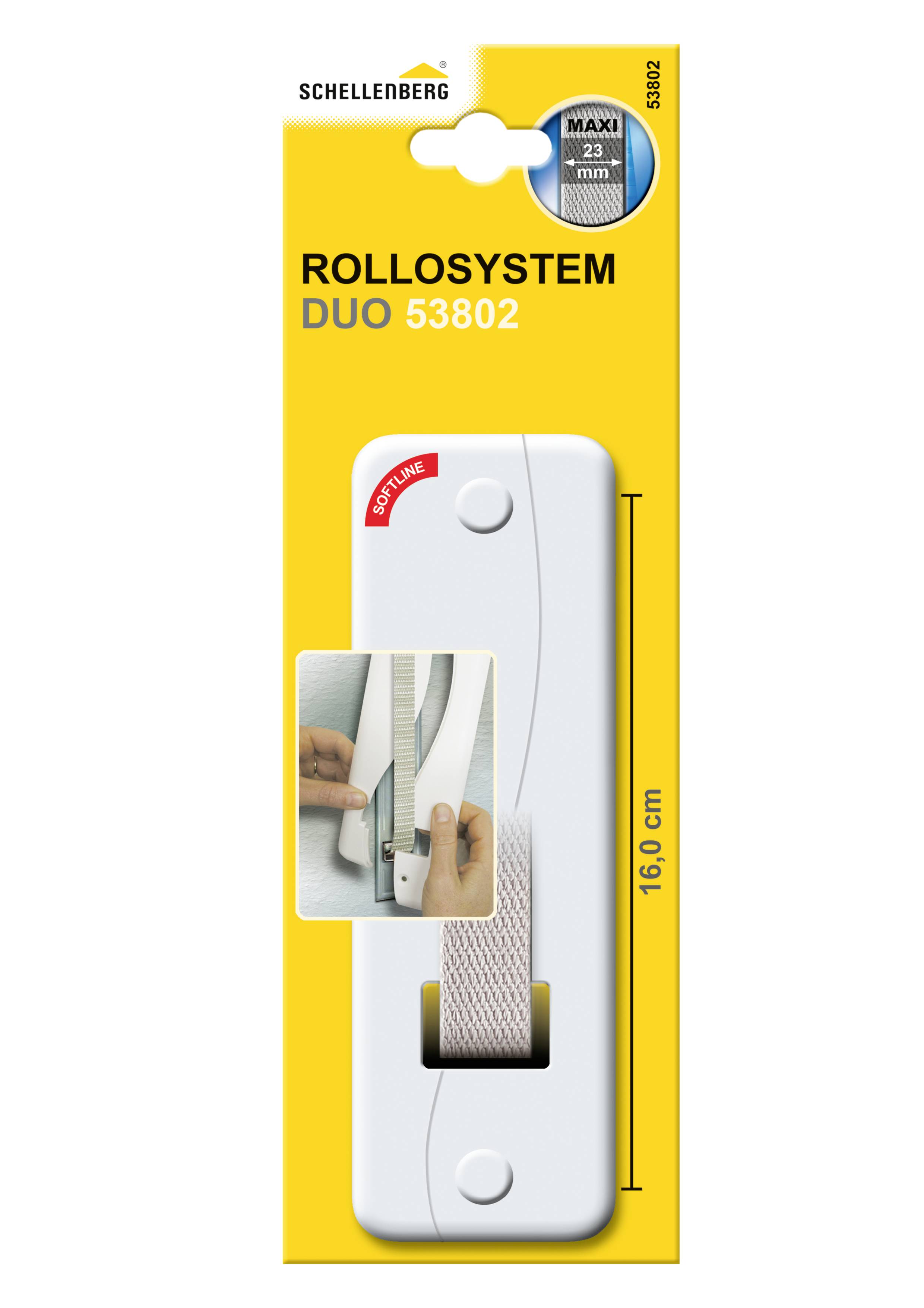 'Rollo-System Duo 53802' från Schellenberg, förpackad. Visar en närbild av systemets montering. Maximal bredd upp till 23 mm, höjd 16 cm.