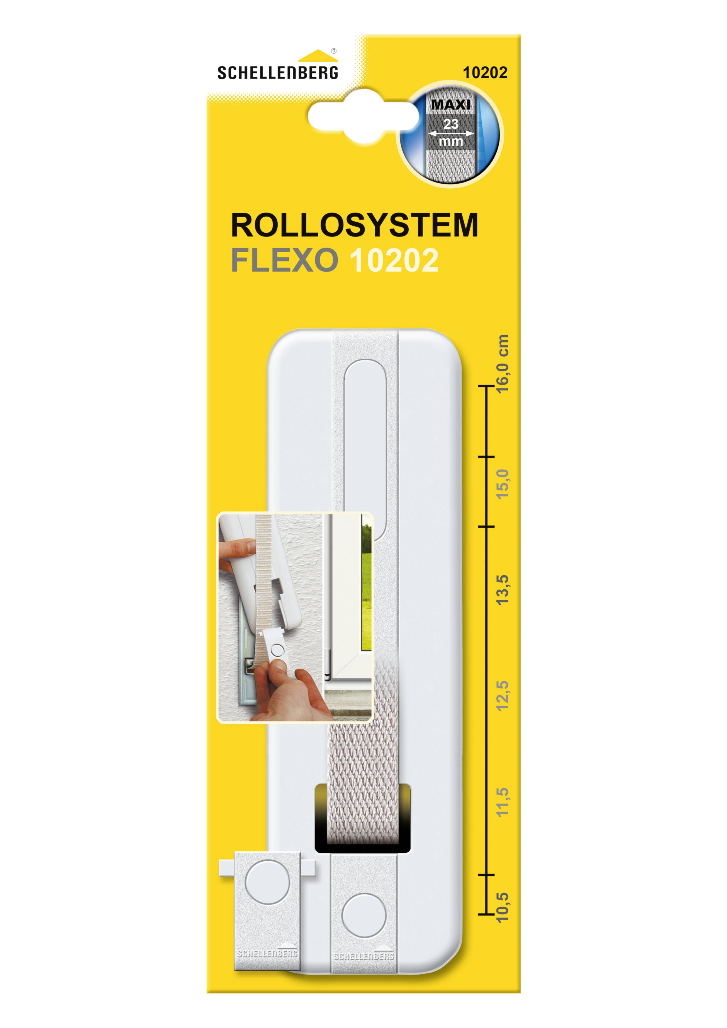 Förpackning för ett rullgardinssystem från märket Schellenberg, modell Flexo 10202. Produktavbildning visar vit-grå rullgardin och mått.