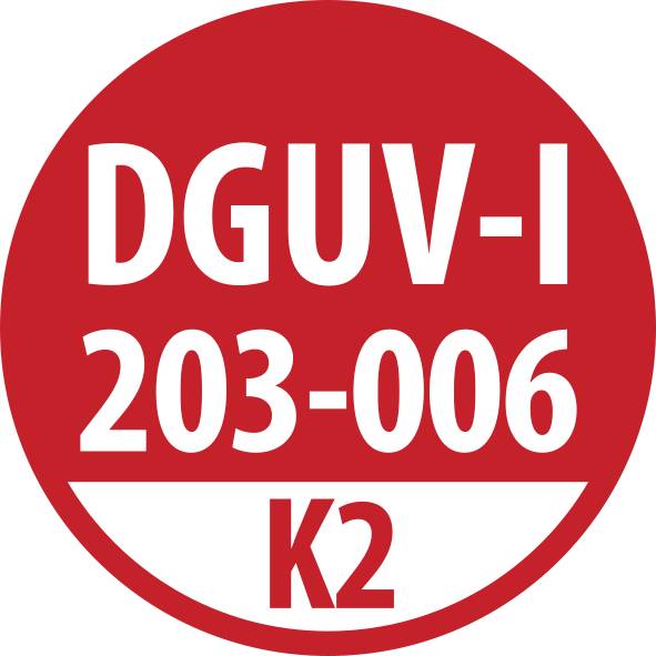 Röd rundad logotyp med texten 'DGUV-I 203-006 K2'.