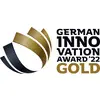 Logotyp för 'German Innovation Award '22 Gold', visar stiliserade guldiga och svarta band.