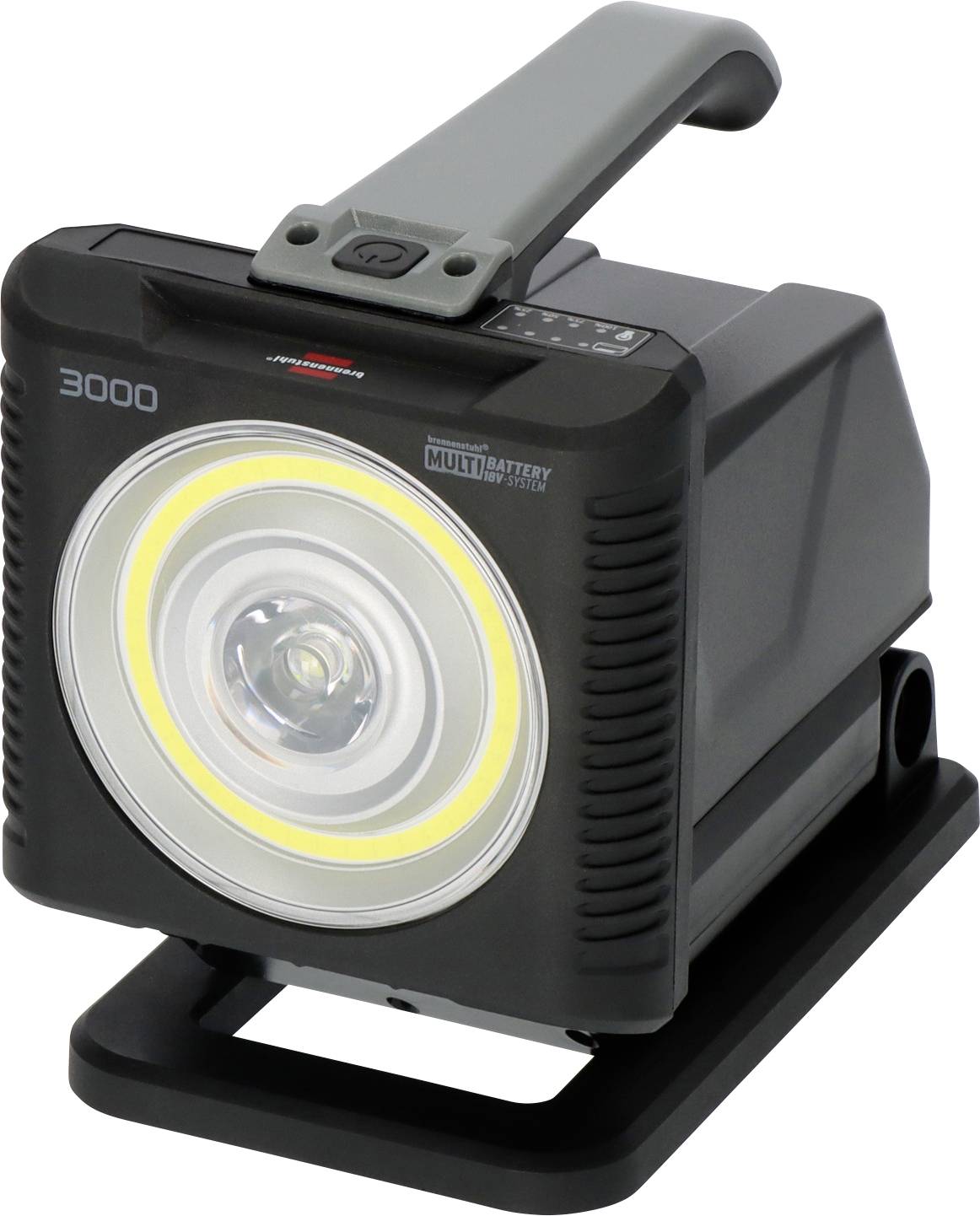 Bärbar svart LED-arbetslampan med handtag och stativ, visad i tre-kvarts vy med stor cirkulär frontlins och märkning "3000".