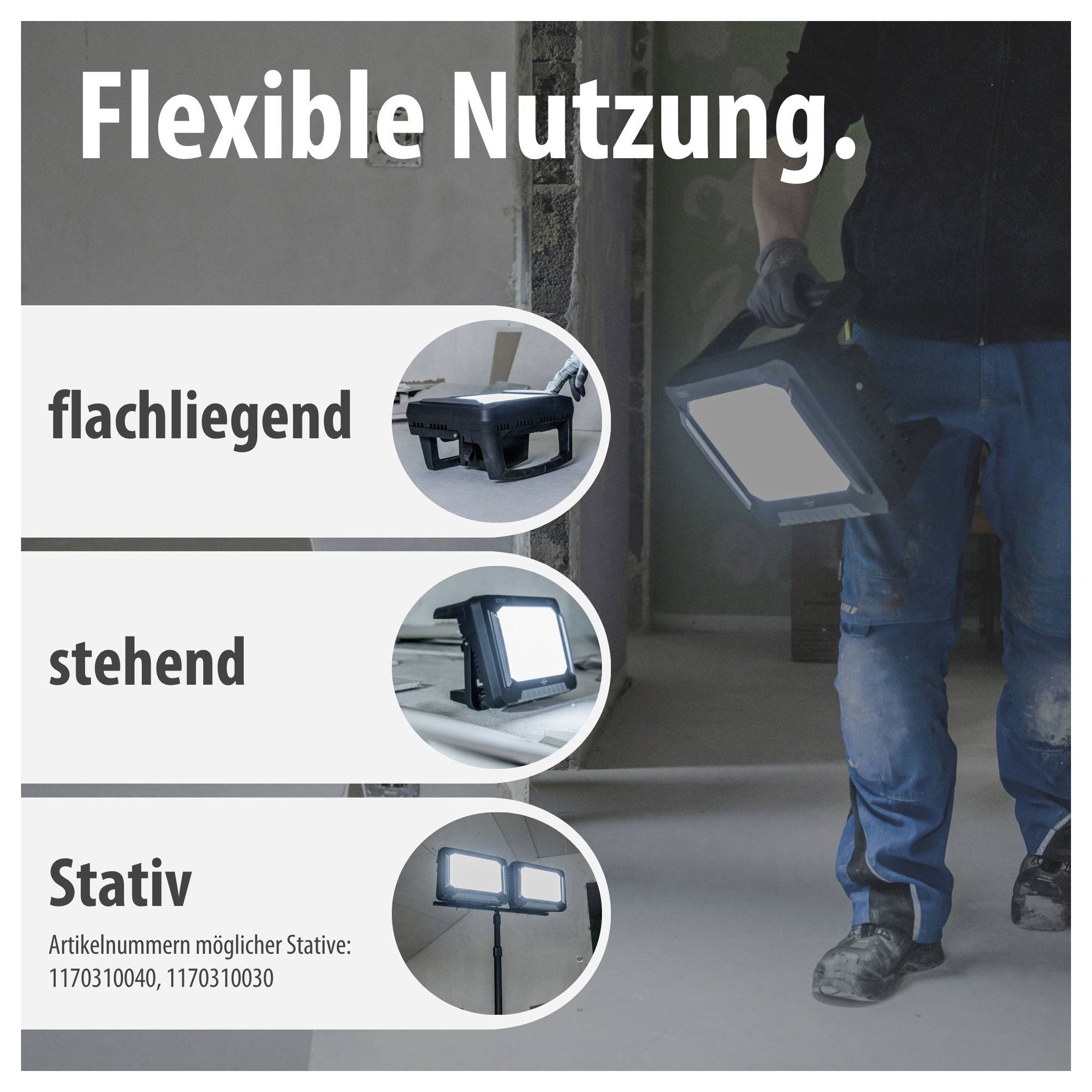 Reklamgrafik med rubrik "Flexibel användning."; visar ett arbetssökare i tre användningsområden: liggande, stående och stativ, med artikelnummer 1170310040 och 1170310030.