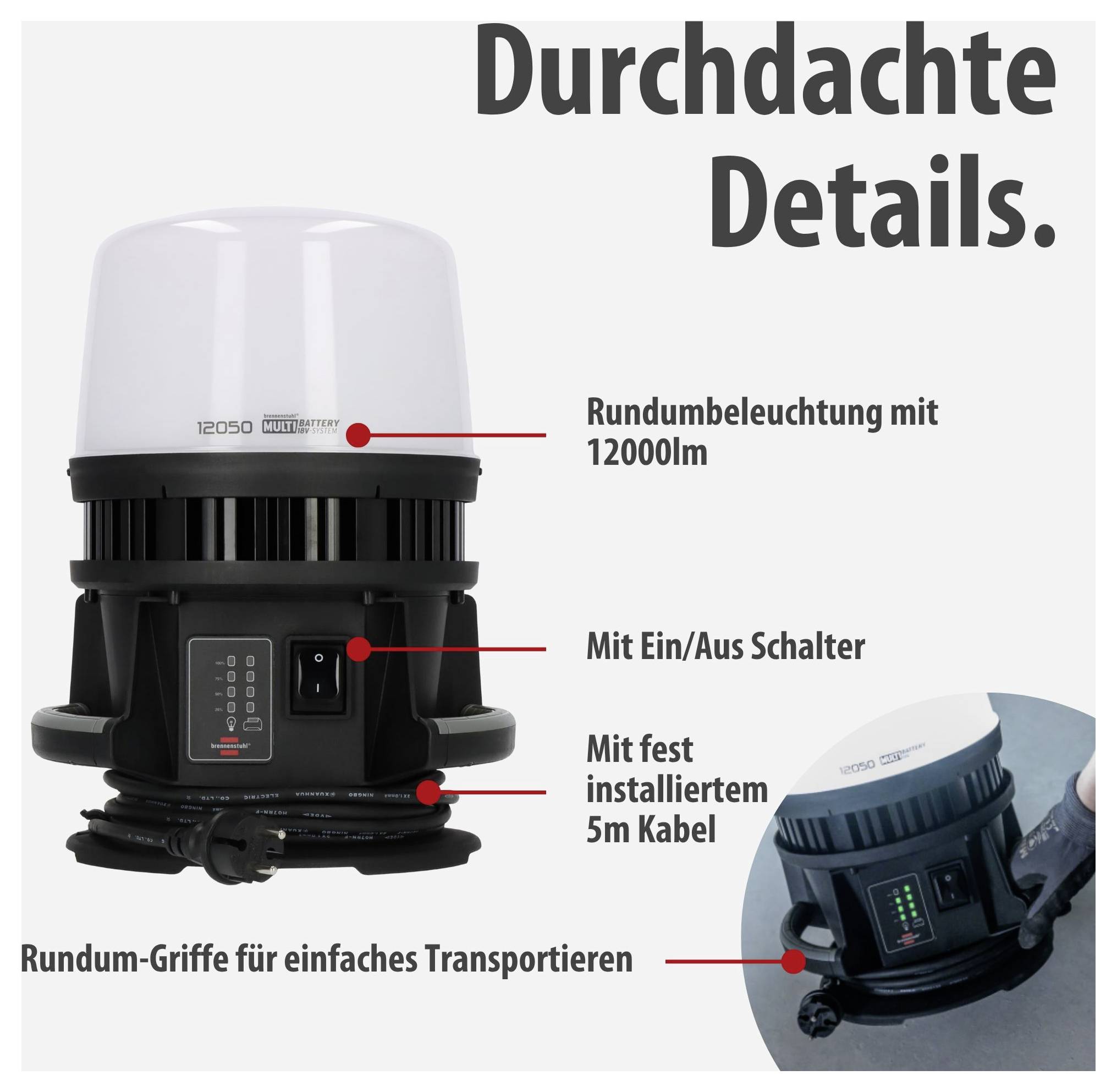 Brennenstuhl Multi batteri 12050 MH Batteridriven byggstrålkastare EEK E (A - G) 100 W 12000 lm Dagsljusvitt 1173700003-2