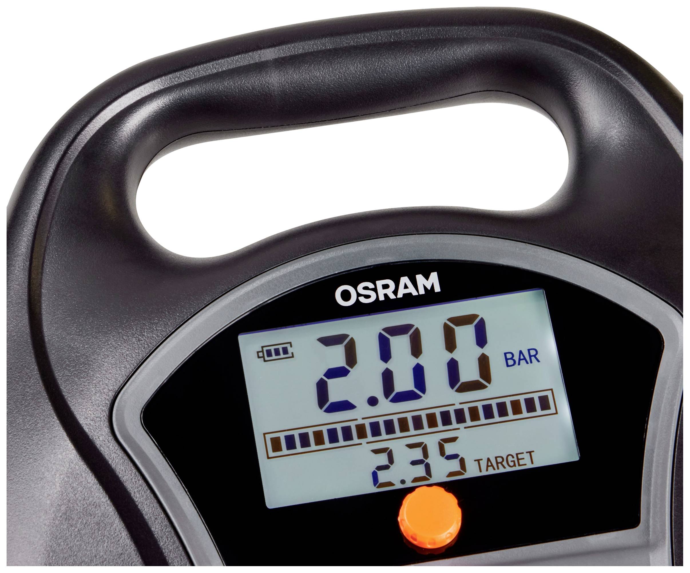 Digital display på en enhet visar '2.00 BAR' och '2.35 MÅL'. Ovanför står 'OSRAM'. En grön batterisymbol är synlig.