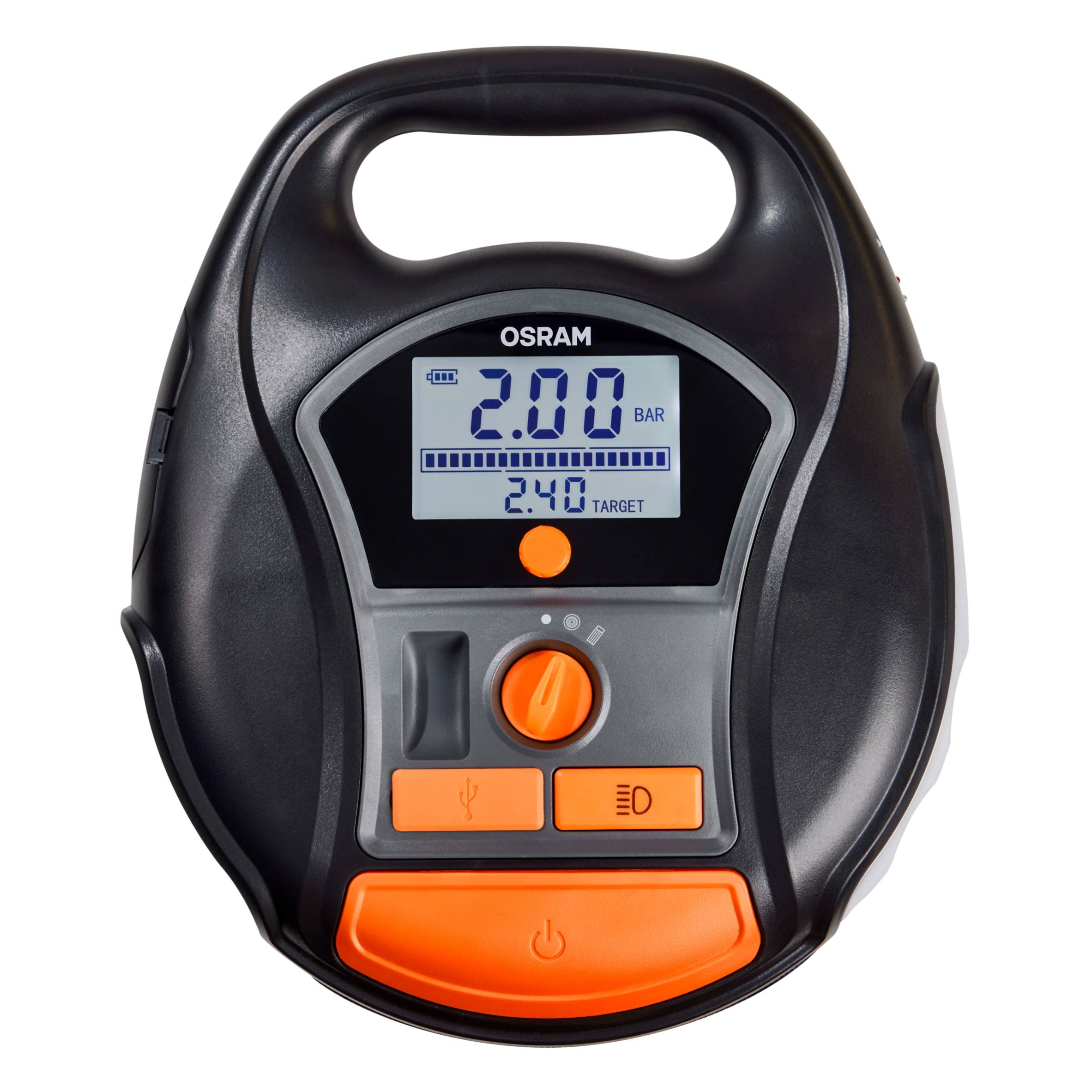 Elektrisk luftpump med digitalt display som visar '2.00 BAR'. Rundad, svart design med orangea reglage.