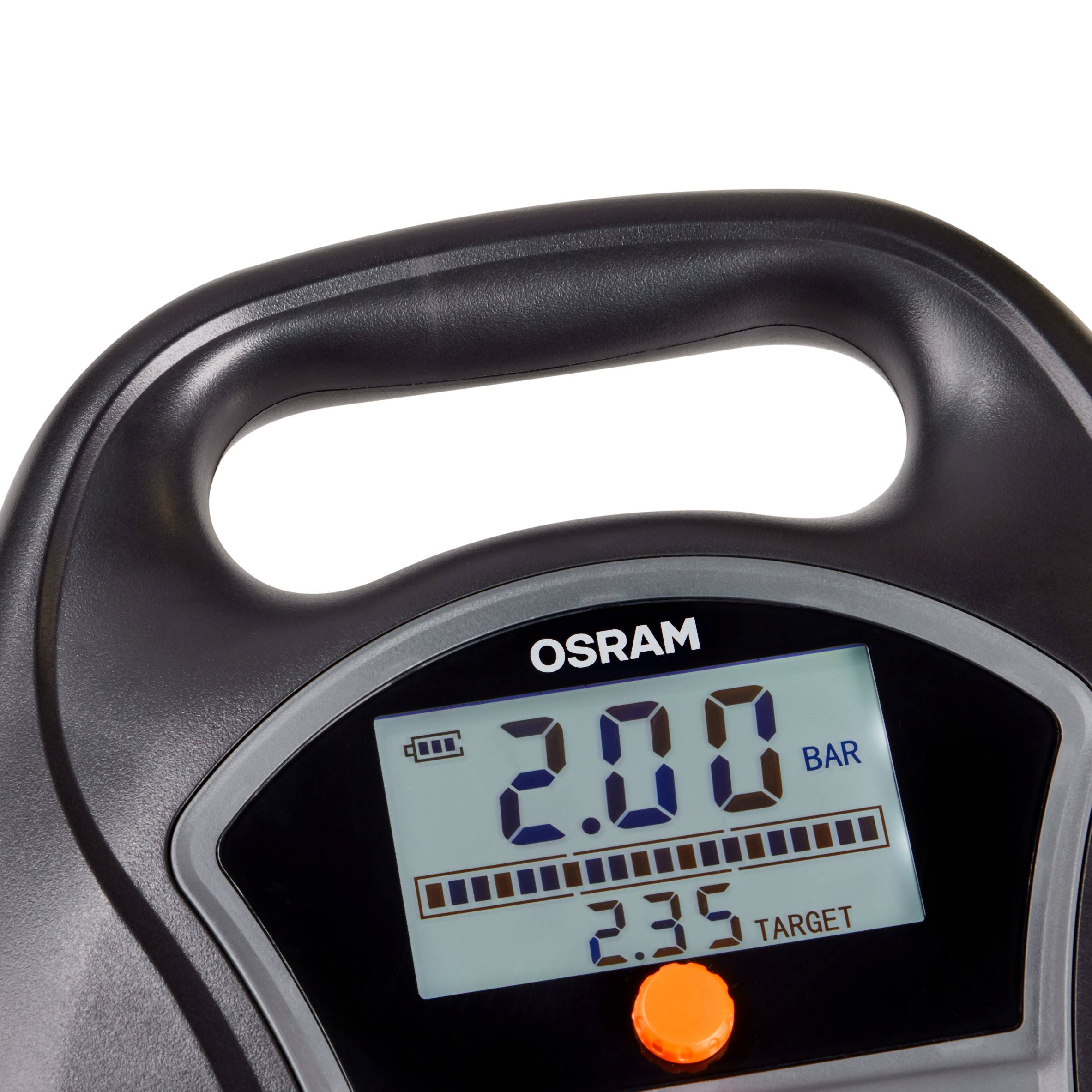 En digital däcktrycksmätare visar 2,00 Bar. Överst finns märket 'Osram'.