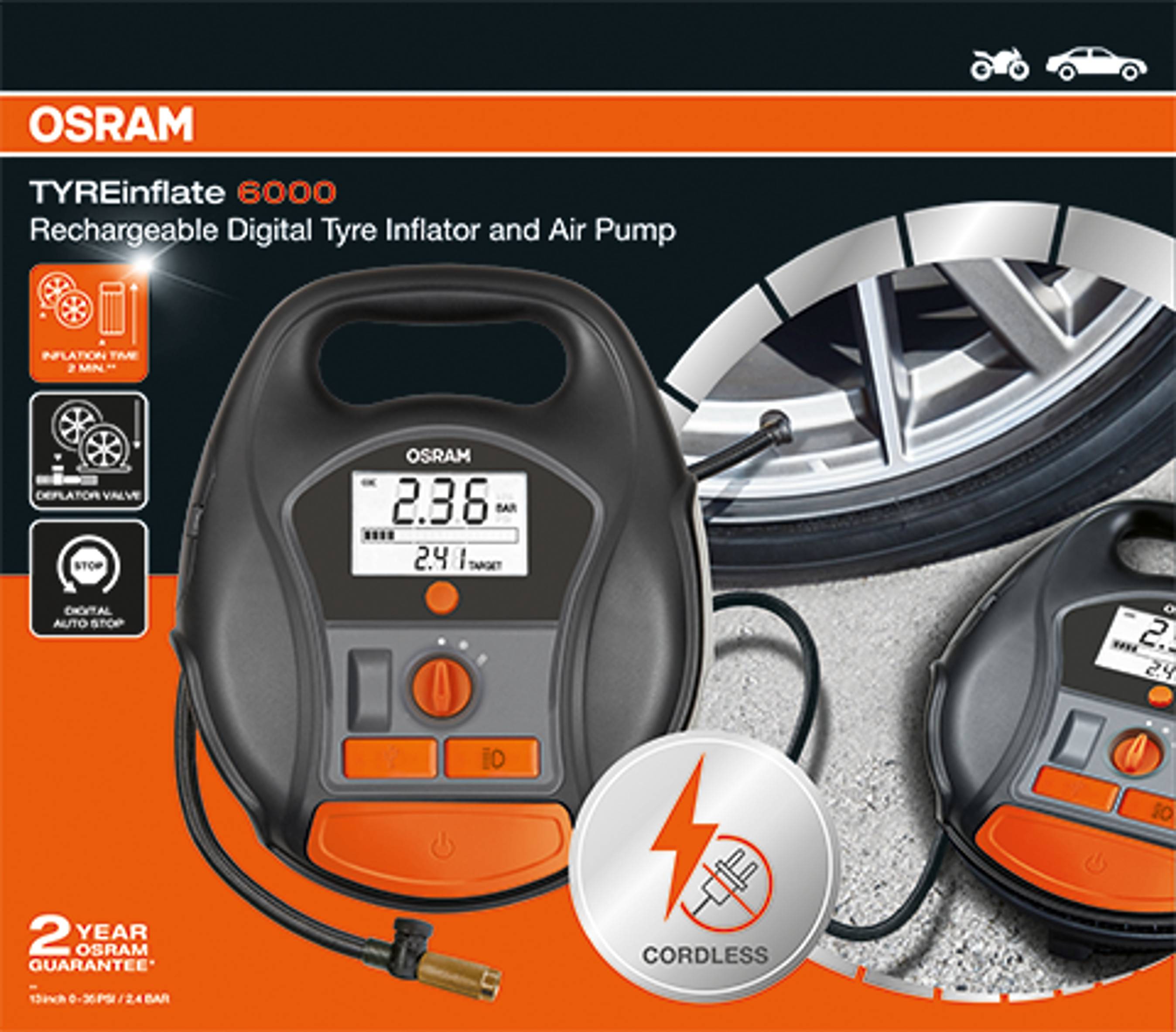 'OSRAM TYREinflate 6000' digital däckpump. Visar 2,36 bar på displayen. Med sladdlös funktion. Två års garanti.