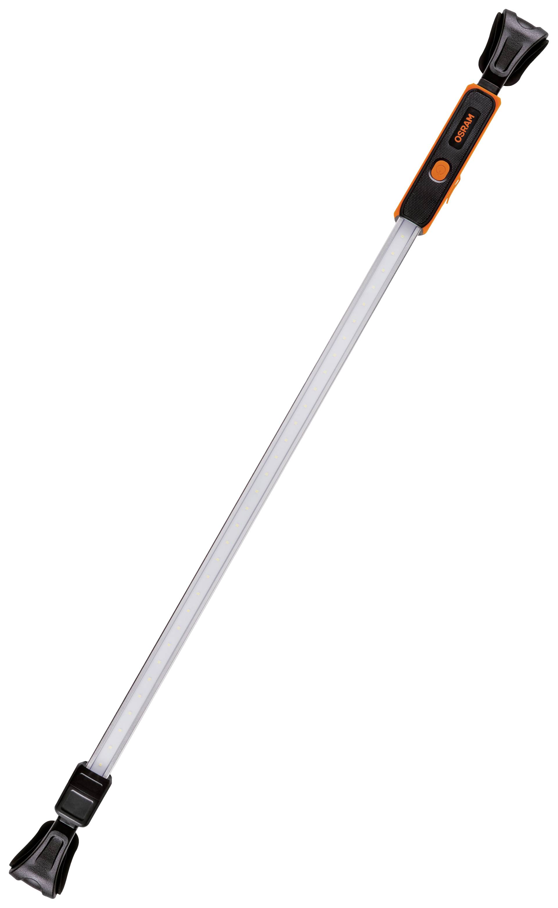 Justerbar teleskopstång med svart och orange handtag, lämplig för mångsidig användning.