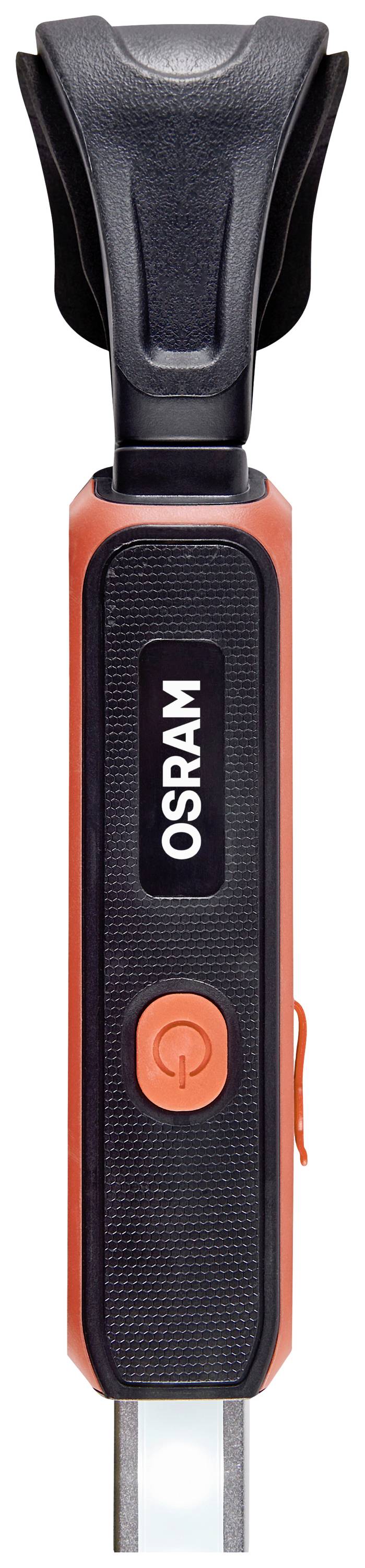 Röd och svart Osram-ficklampa med strömbrytare i mitten.