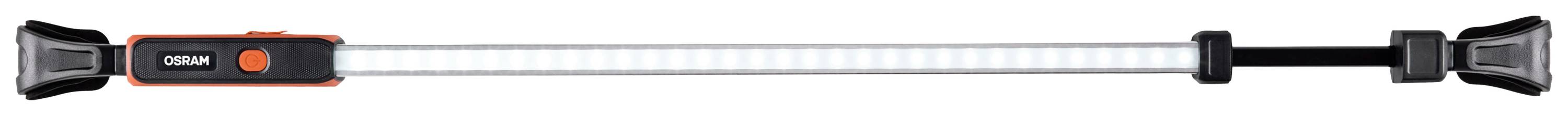 En avlång LED-arbetslampa med svart hölje och orangea accenter, lämplig för verkstads- eller hemarbeten.