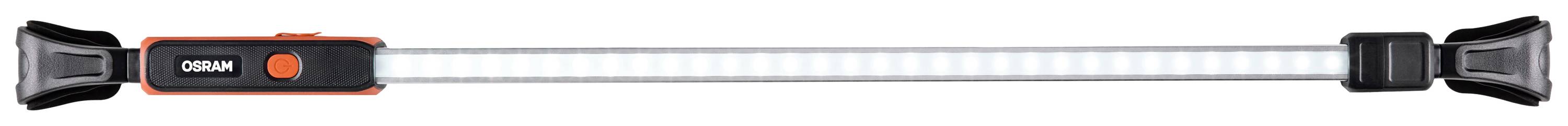 Lång LED-arbetslampa med svart-orange hölje och fästen i båda ändar. Perfekt för verkstadsbelysning.
