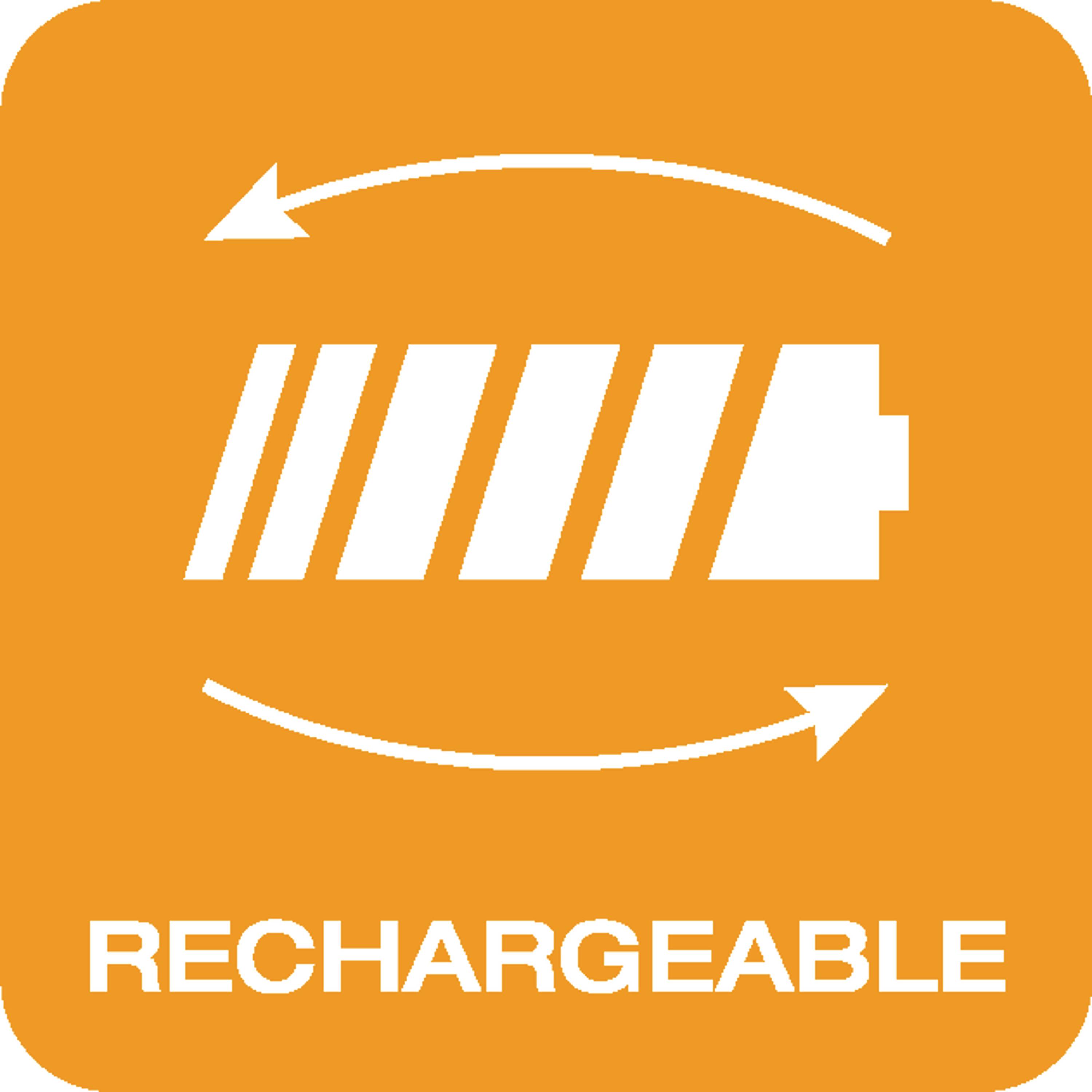 En symbol med en stiliserad batterisymbol, omgiven av pilar, på orange bakgrund. Under den står 'LADDBAR'.