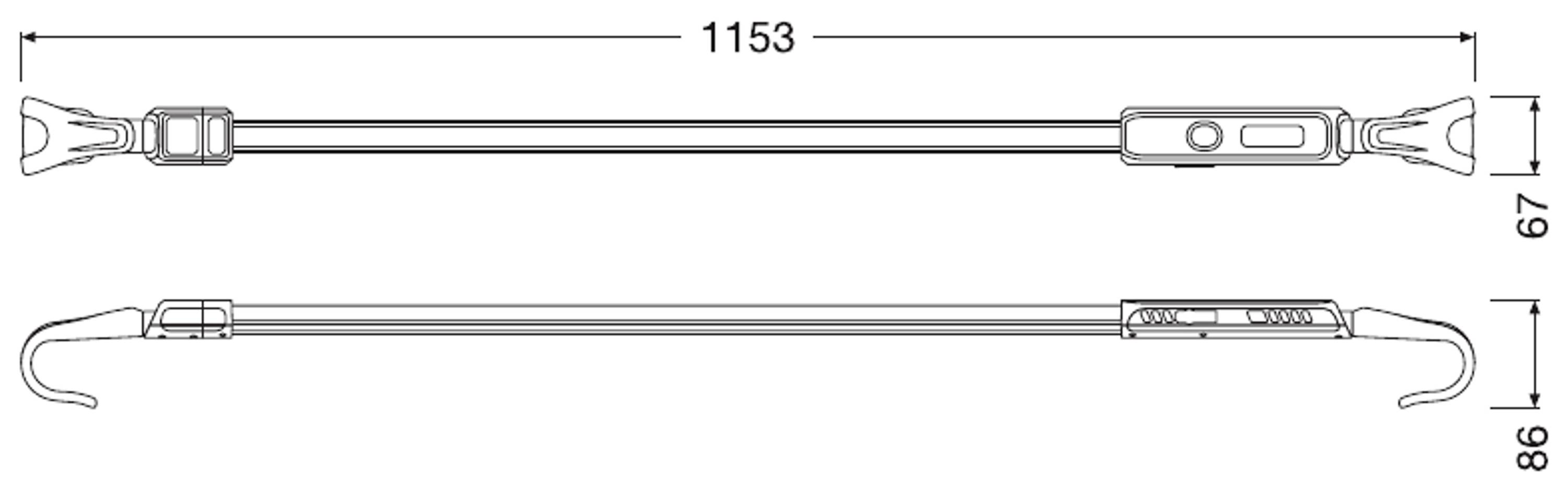 Teknisk ritning av en stång med två krokar i ändarna. Längd 1153 mm, bredd 67 mm, höjd 86 mm.