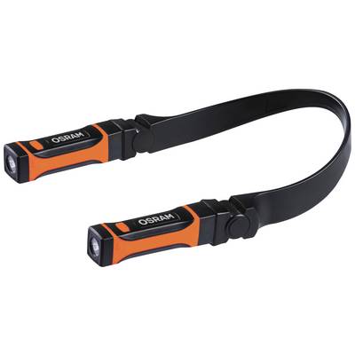 En svart och orange, flexibel ficklampa från OSRAM med två lysande element i ändarna och en böjbar mittdel.