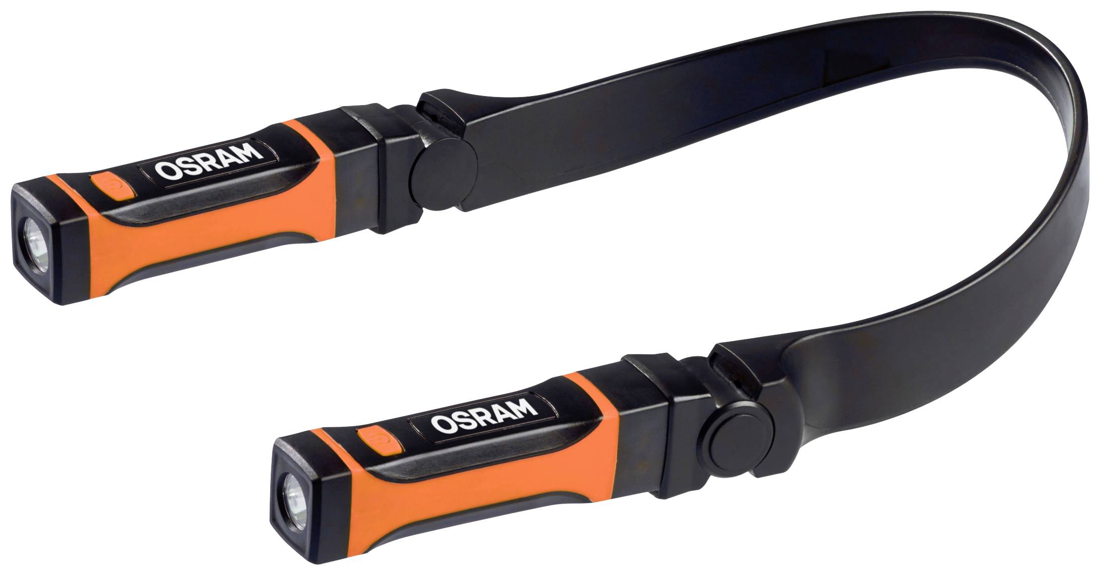 En flexibel, svart-orange LED-lampa med två ljushuvuden och Osram-logotyp, lämplig för belysning av trånga utrymmen.
