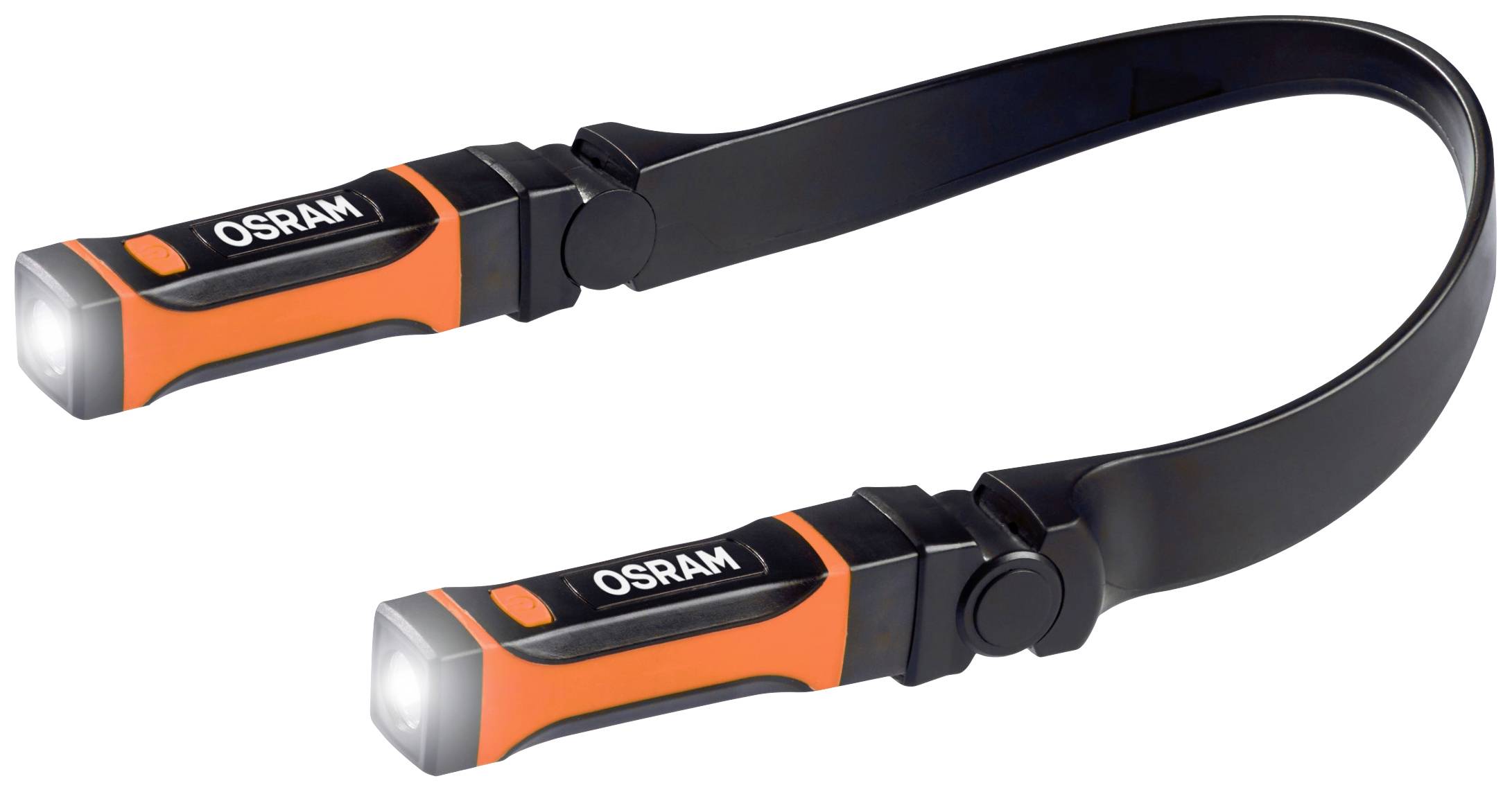 Två sammankopplade LED-lampor med flexibel fäste, varumärke 'OSRAM', i svart och orange, perfekt för användning i mörker.