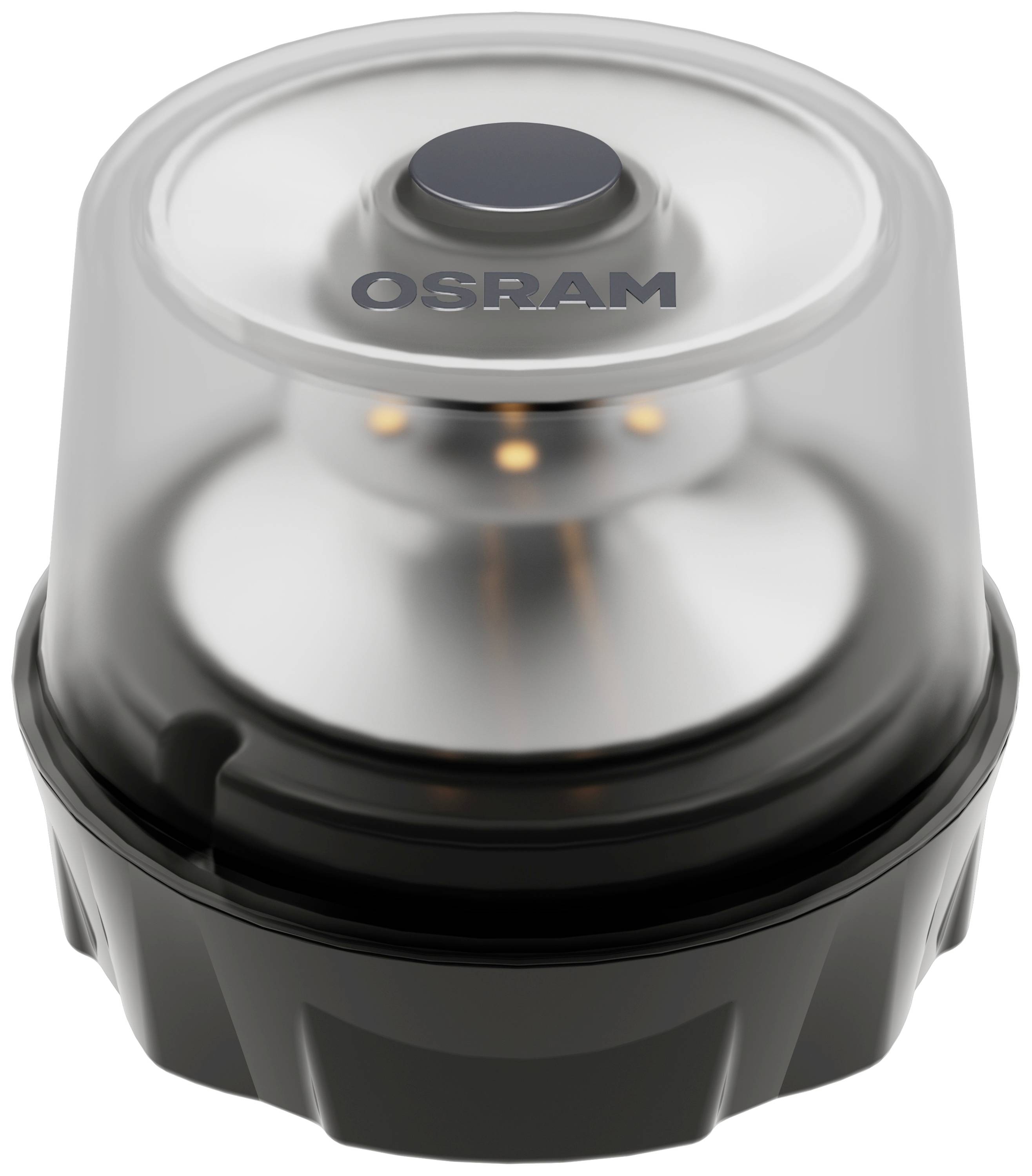 En rund, transparent huv som visar en svart knapp och ordet 'OSRAM'; sannolikt en teknisk apparat.