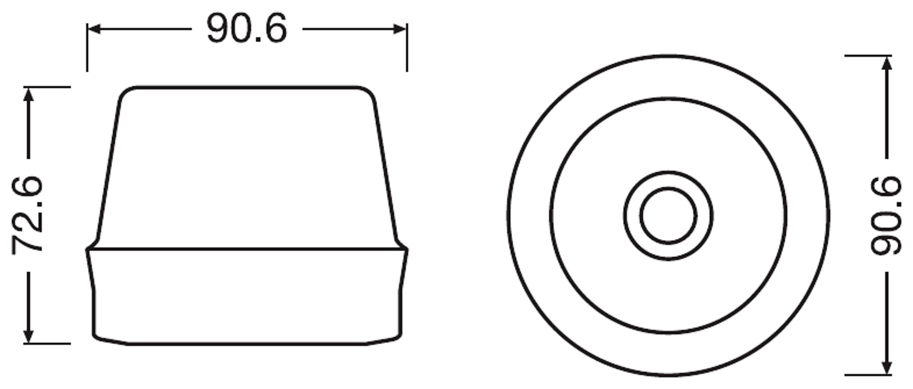 Teknisk ritning: Två vyer av ett cylindriskt föremål. Vänster: Sidovy med mått 90,6 x 72,6. Höger: Ovanifrån, diameter 90,6.