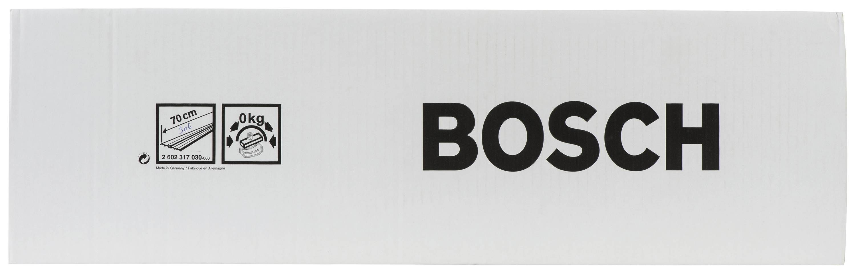 Vit kartong med svart text 'BOSCH' och symboler för längd och vikt.