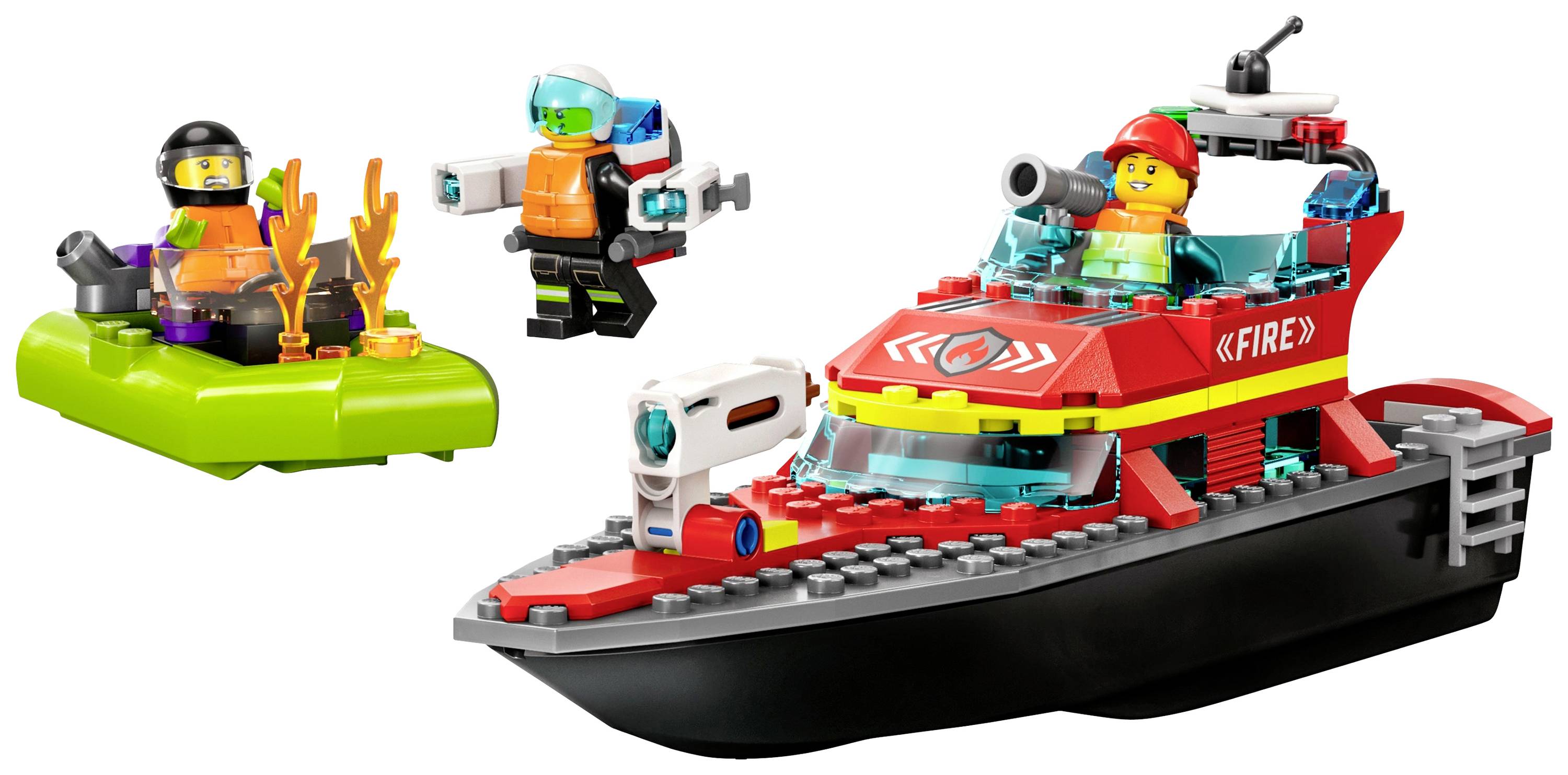 Ett rött LEGO-brandbåt med två minifigurer, en brandkvinna och en pilot med jetpack, som släcker elden på en flytande ö.
