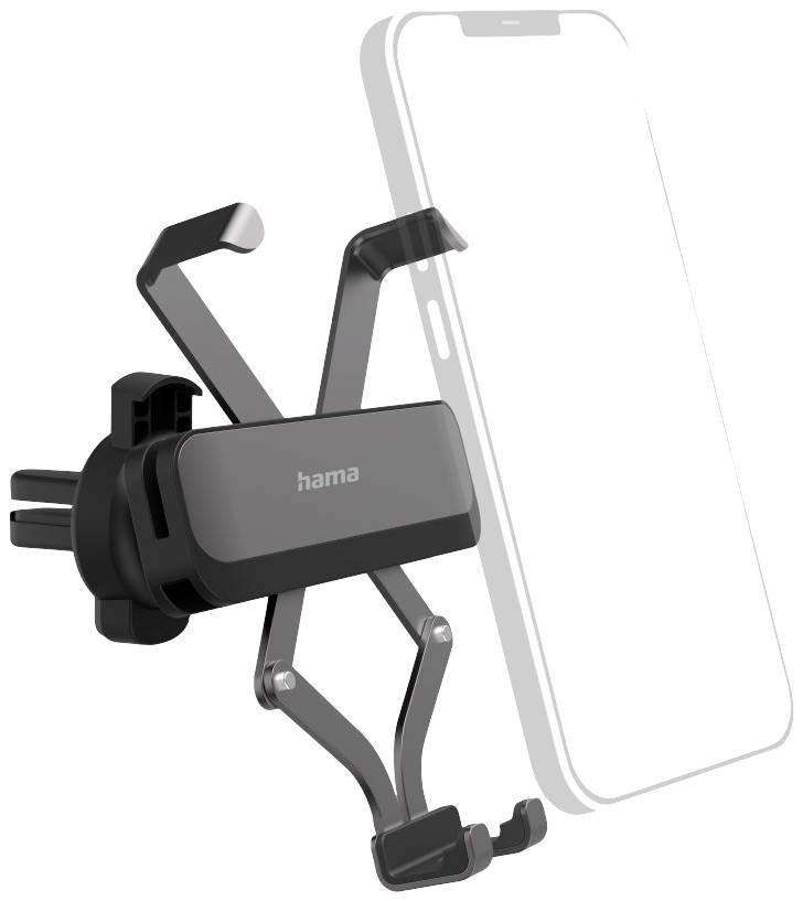 Smartphonehållare för bilens ventilationsgaller från Hama. Hållare i svart, visar fäste vid ventilationsgallret, passar olika smartphonestorlekar.