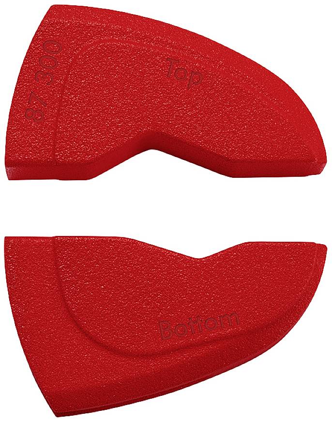 Röd, geometrisk form i två delar. Den övre delen är märkt med 'Top', den nedre med 'Bottom'.