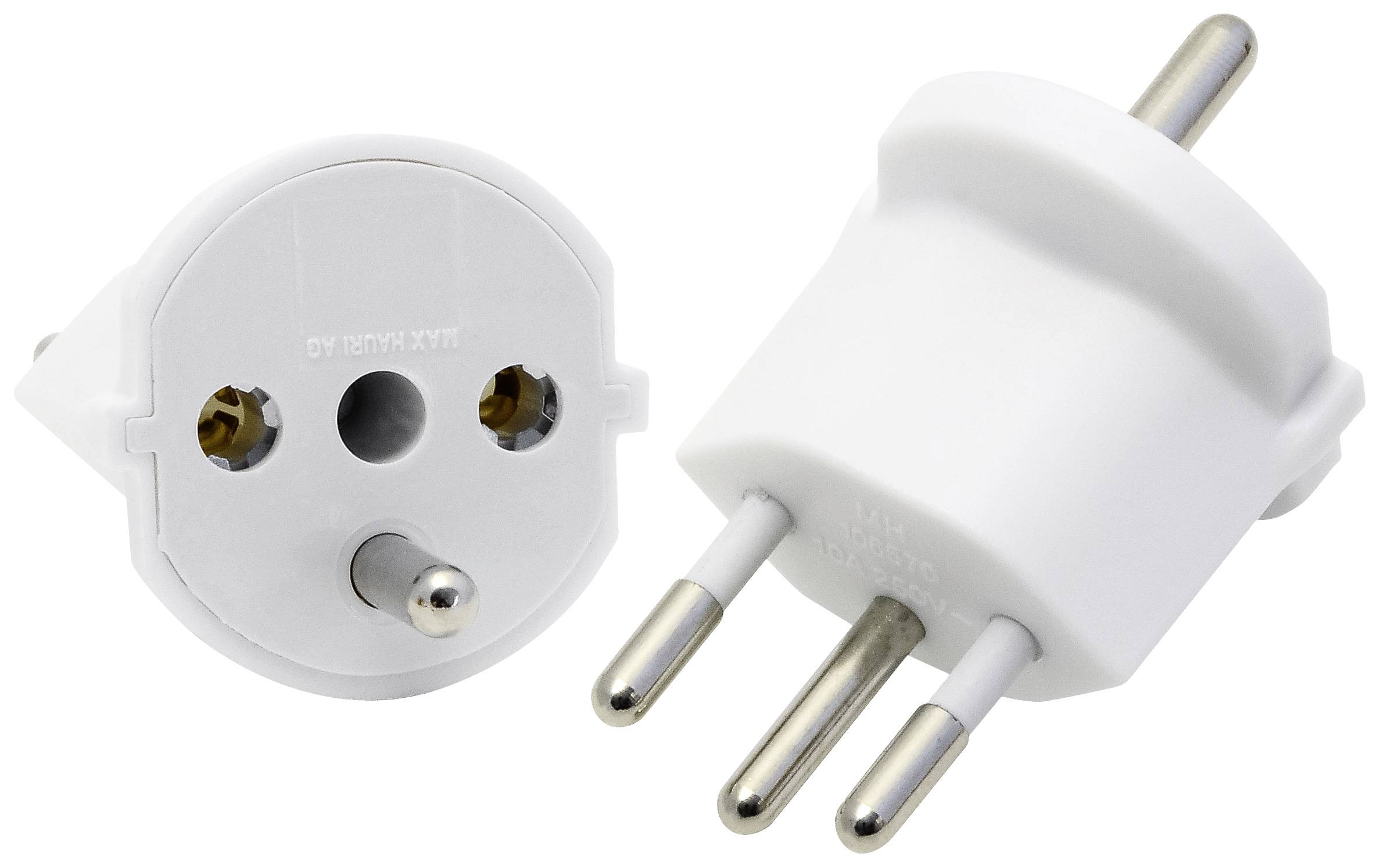 Två vita Eurostickadaptrar, en visad framifrån och en från sidan; de har runda metallstift.