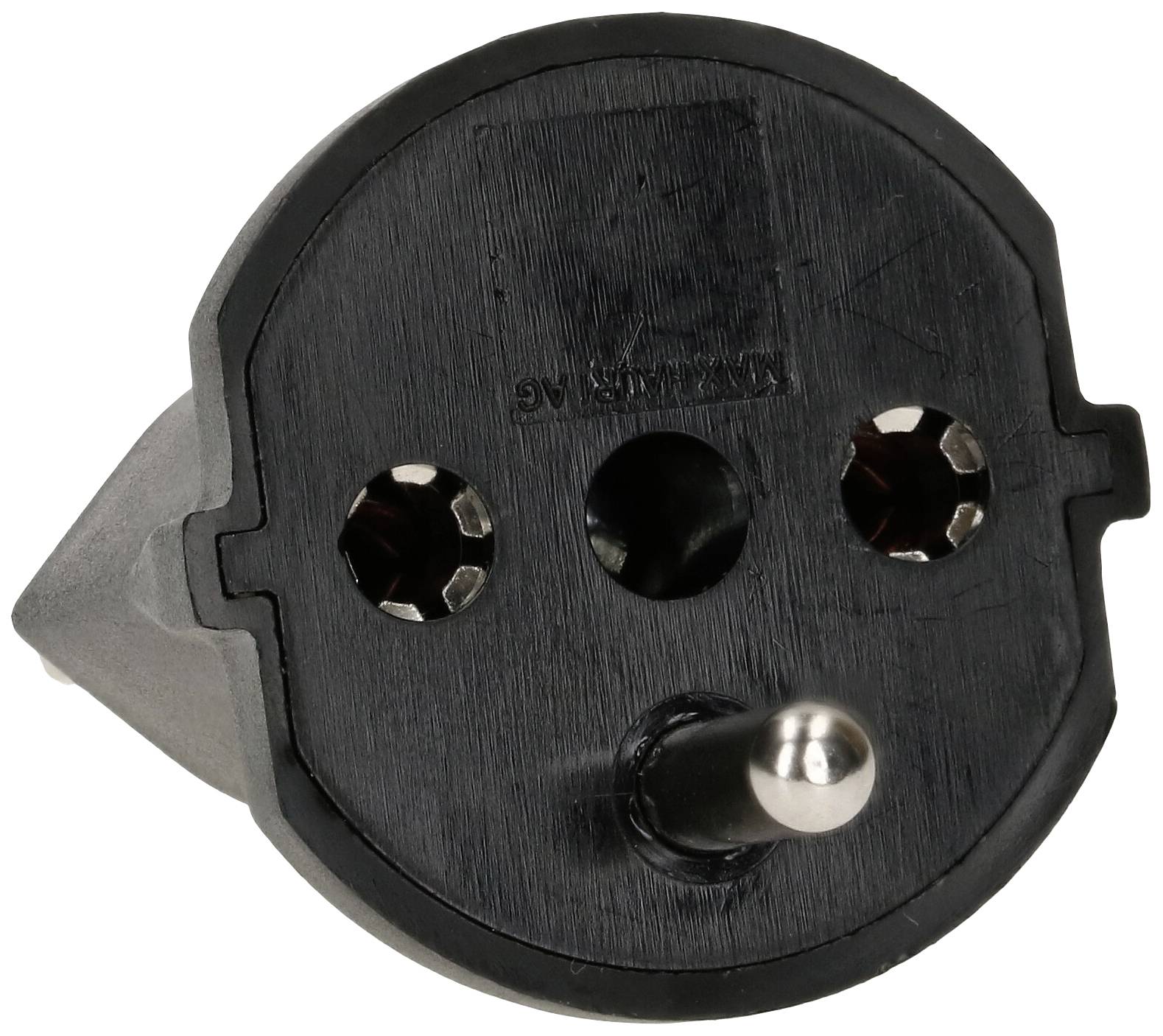 Svart europeisk adapterplugg med två runda uttag och en jordningsstift.