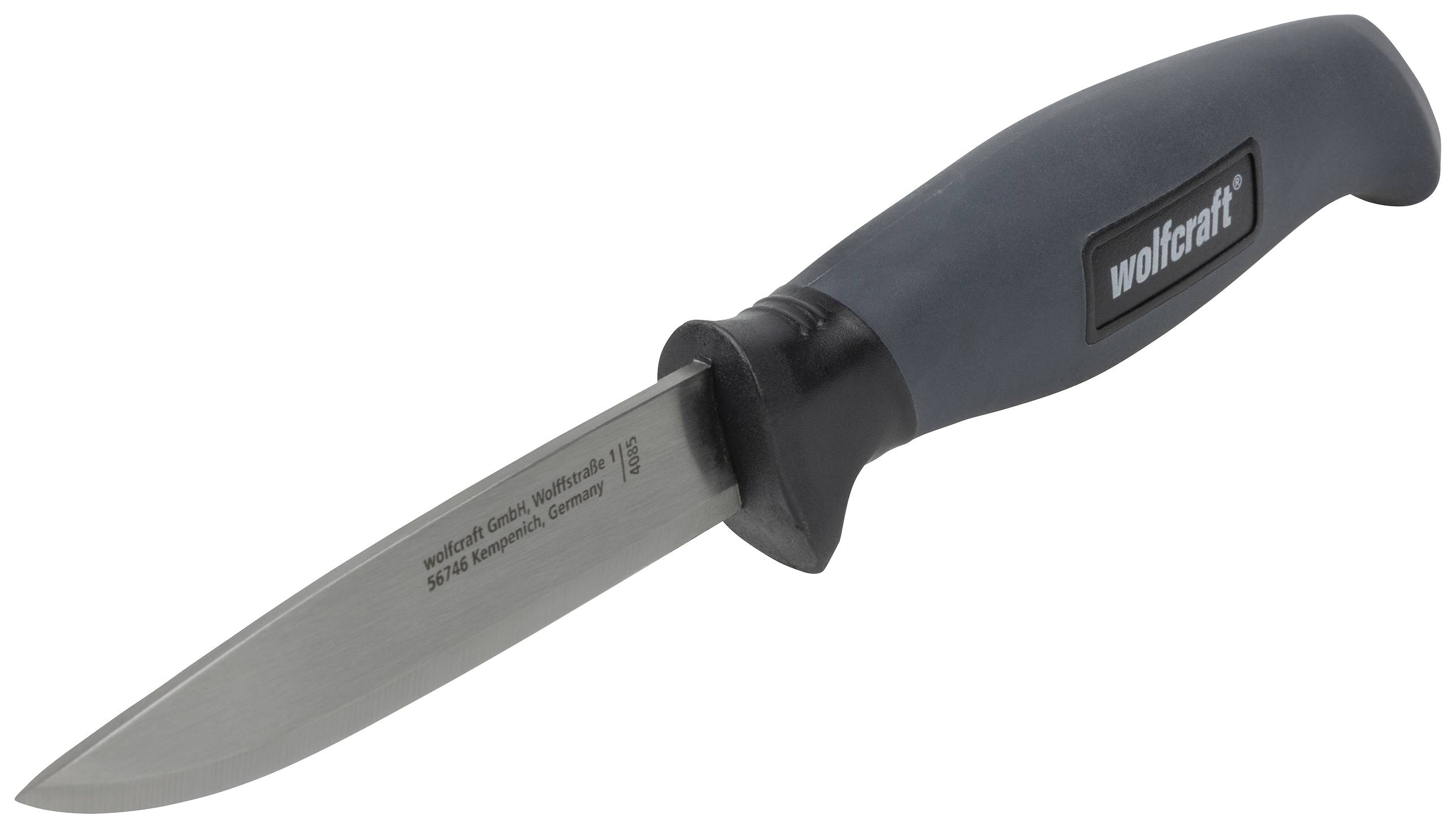 Ett grått kniv med svart handtag och texten 'Wolfcraft'.