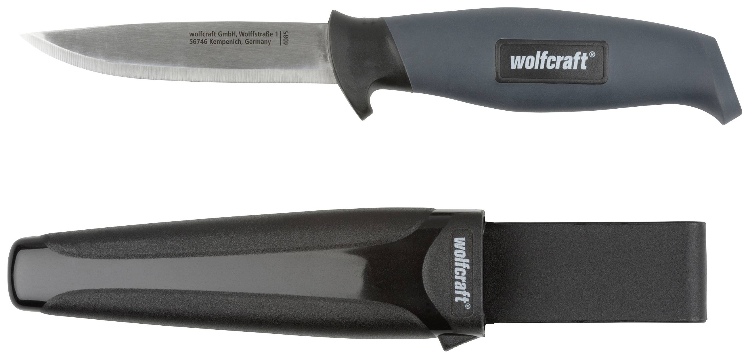 Ett svart kniv med grått handtag och matchande svart slida från märket 'wolfcraft'.