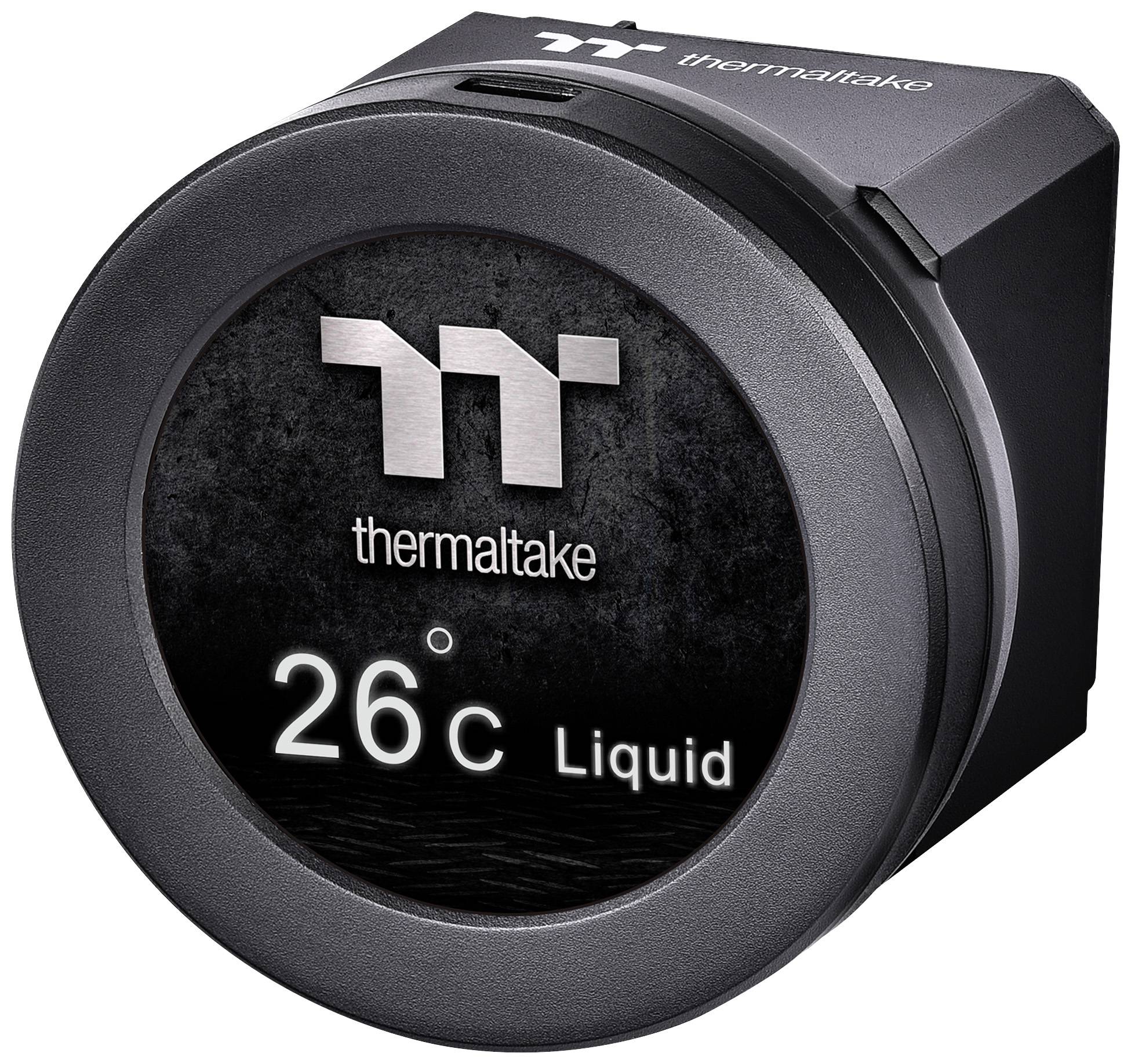 Thermaltake vätskekylardisplay visar '26°C Liquid'. Svart, rund design med stor logotyp och temperaturvisning.