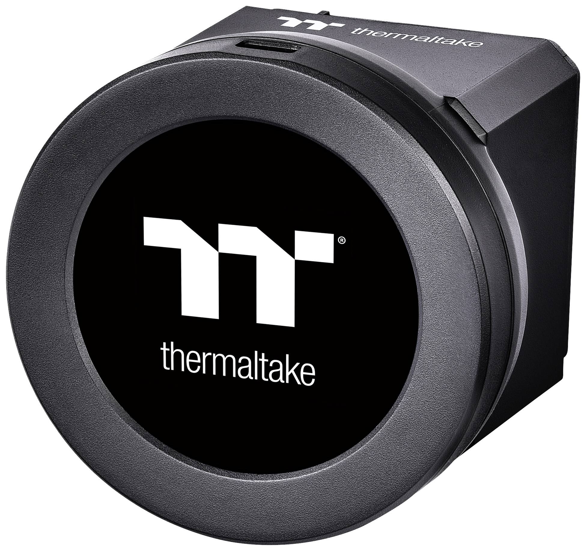 Svart rundad indikator med vitt 'thermaltake'-logo centrerat på framsidan.